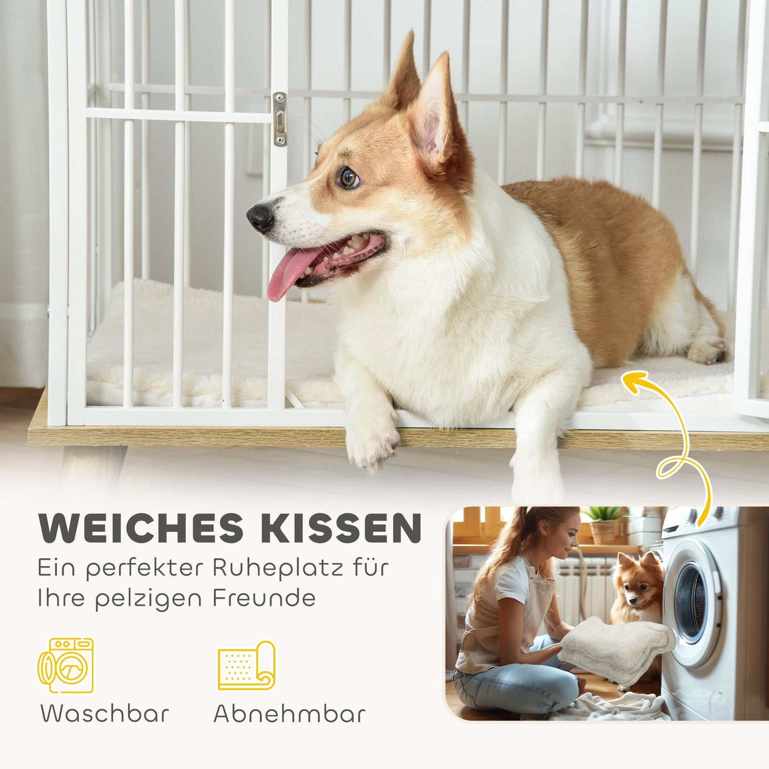 Medium hundbur med kudde och låsbar dörr, ek