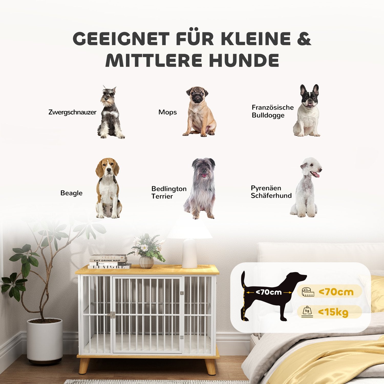 Medium hundbur med kudde och låsbar dörr, ek