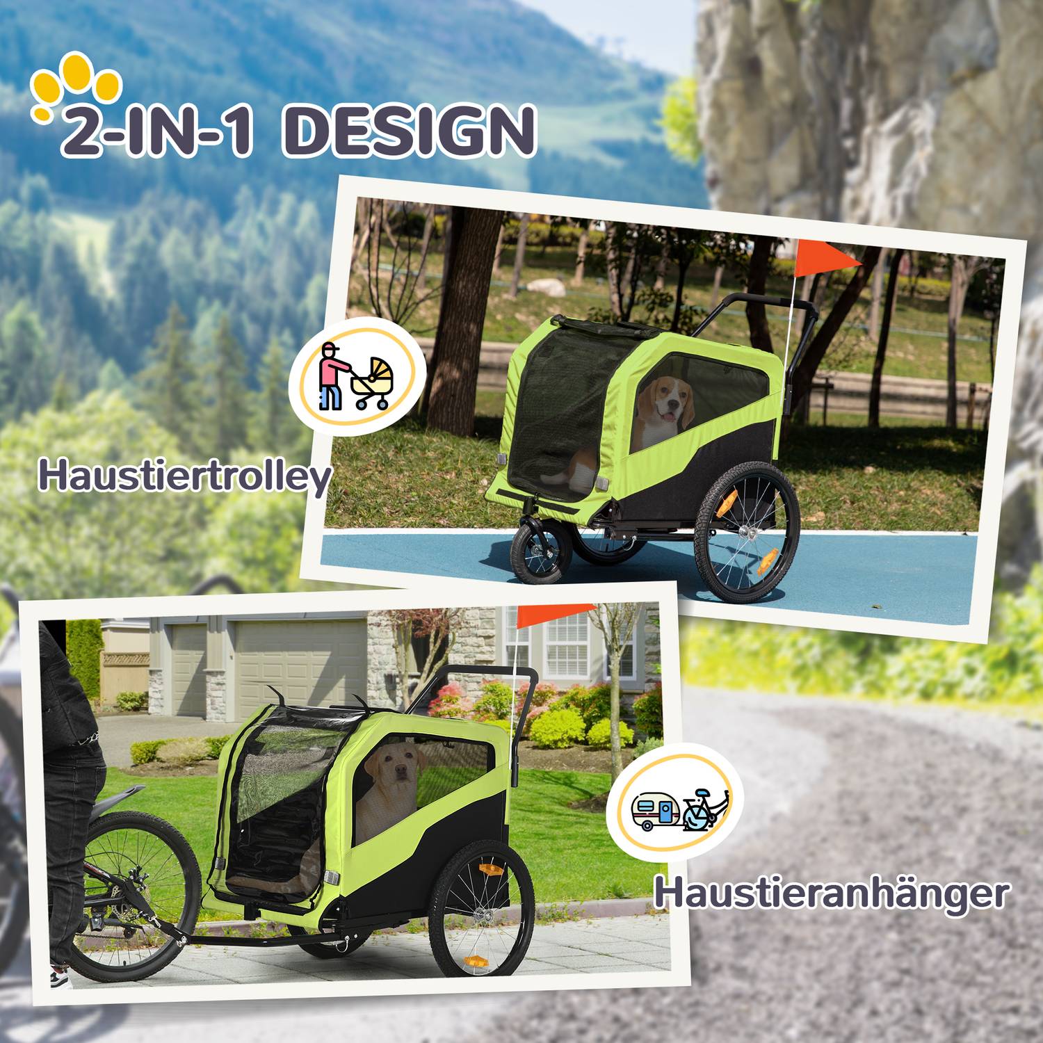 Hundcykelvagn & barnvagn, reflekterande, 30 kg kapacitet