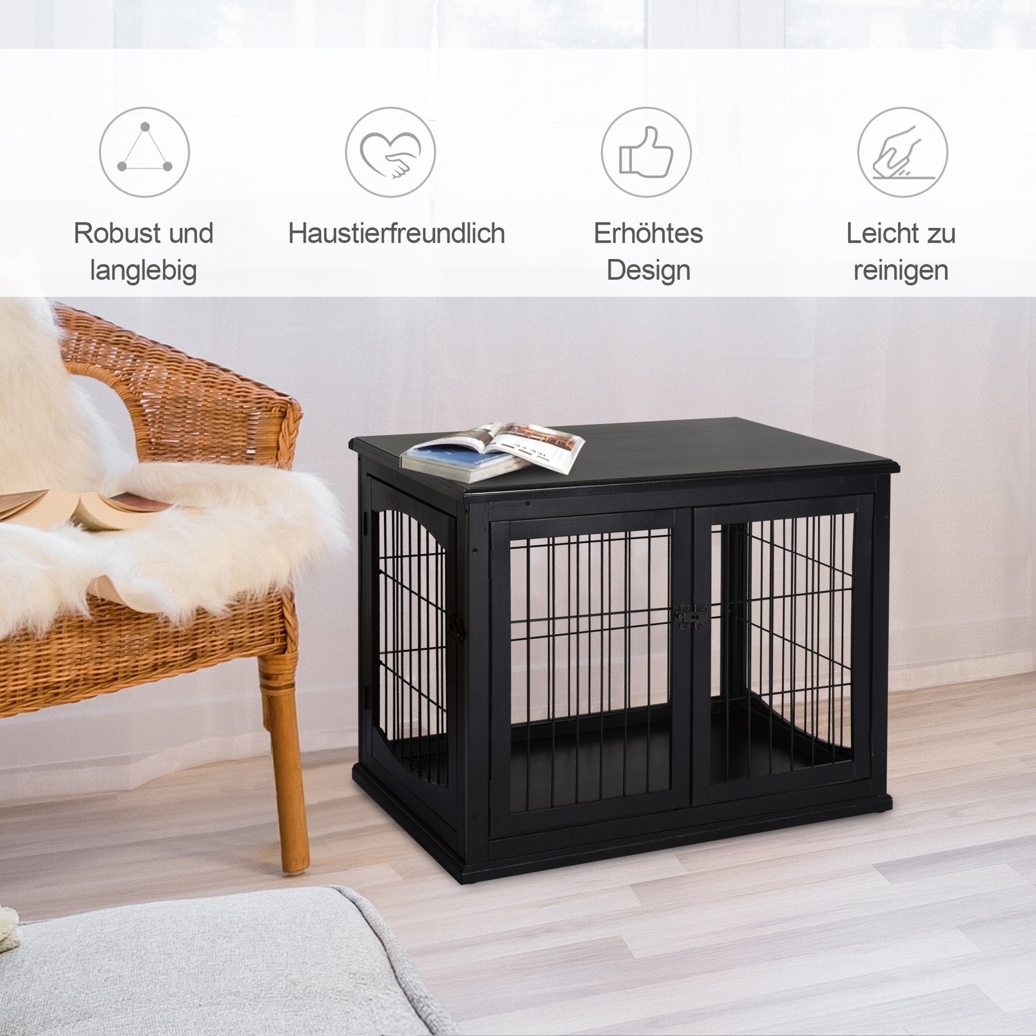 Hundhus inomhus med bordsskiva – Svart, 81x58,5x66 cm