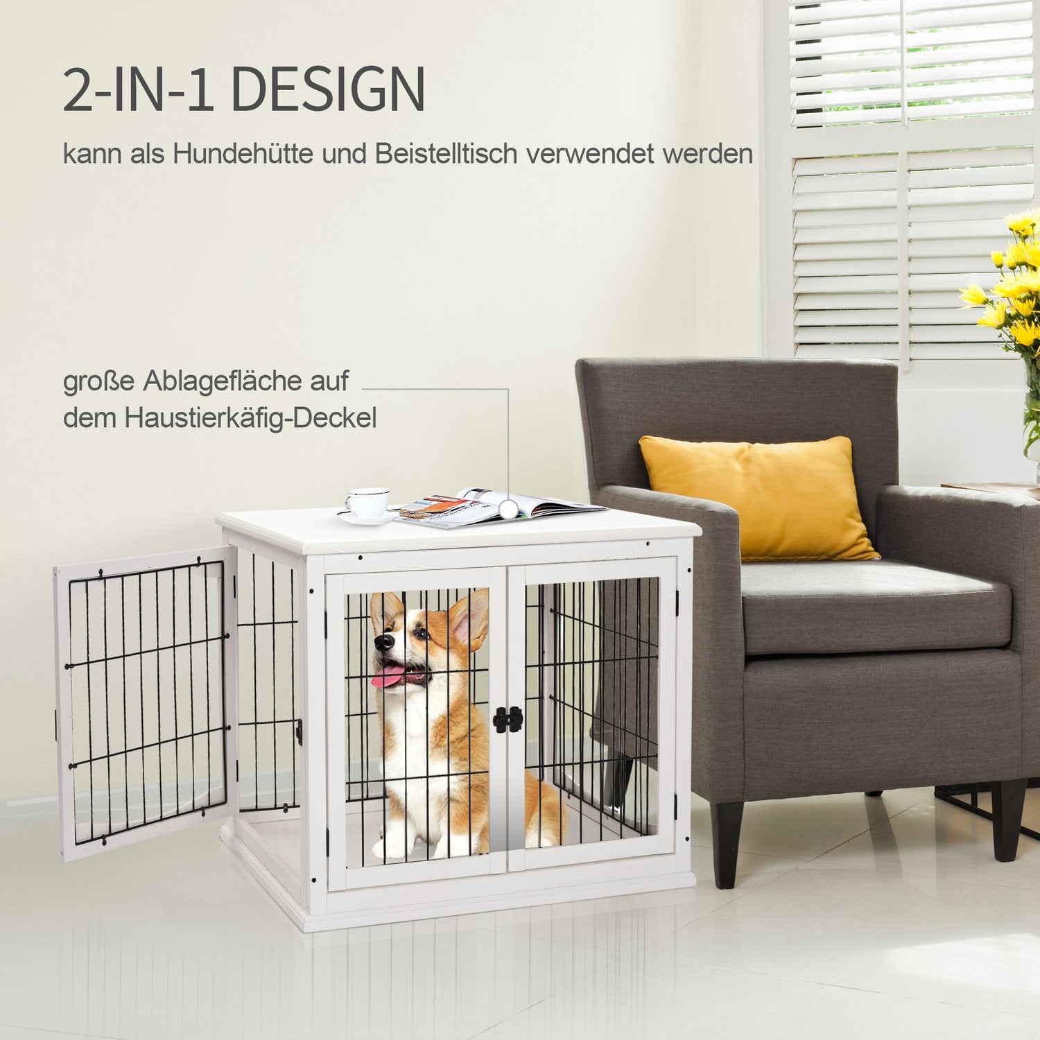Liten hund hundkennel, inomhusbur, vit 81x58,5x66 cm