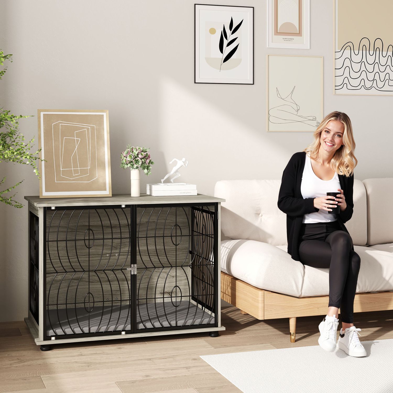 Hundlåda inomhus med kudde och fönster – stor, grå