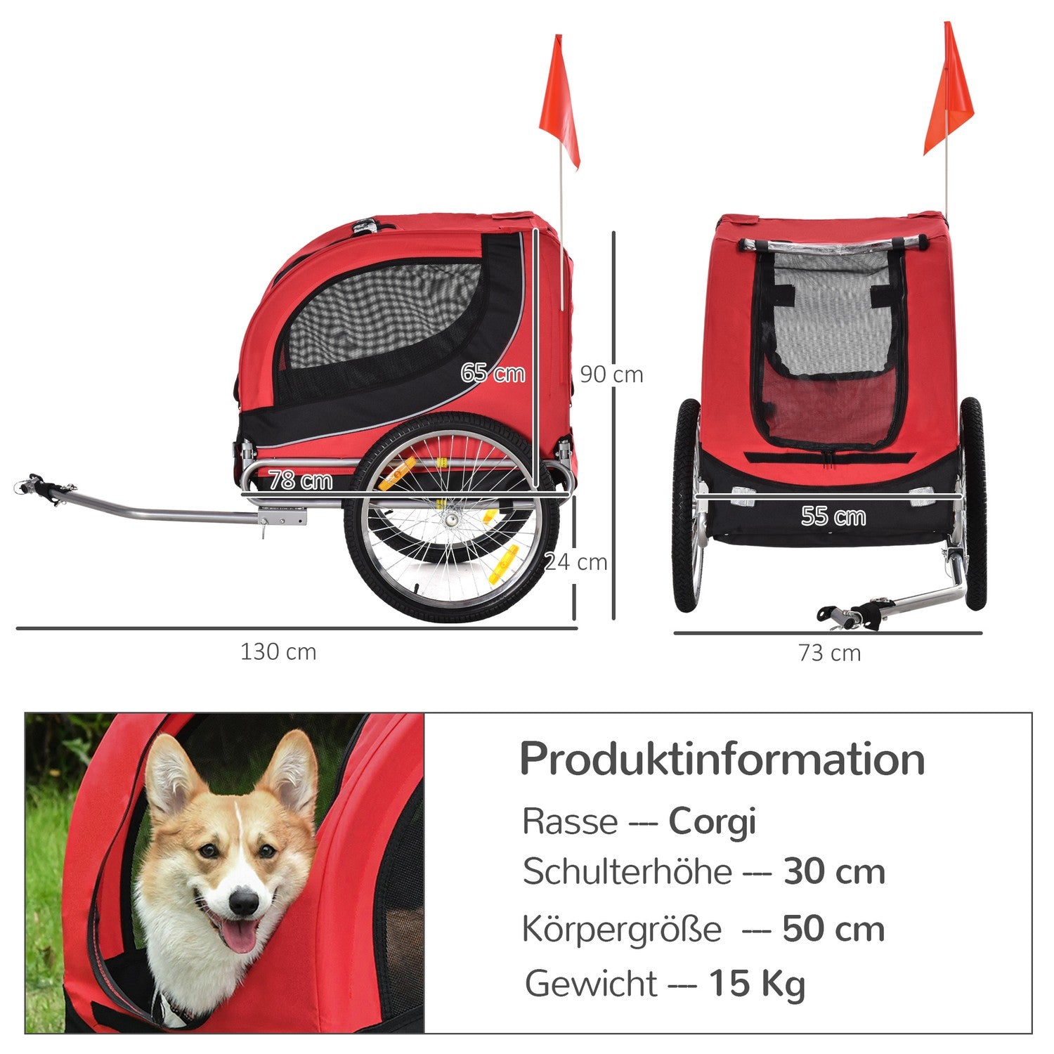 Hundcykelvagn – Röd/Svart, 130 x 73 x 90 cm