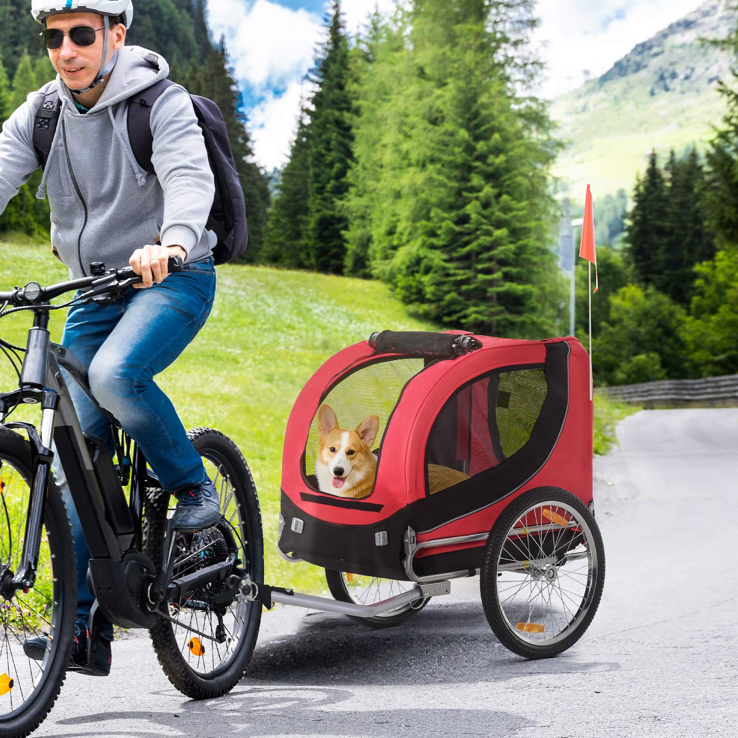 Hundcykelvagn – Röd/Svart, 130 x 73 x 90 cm