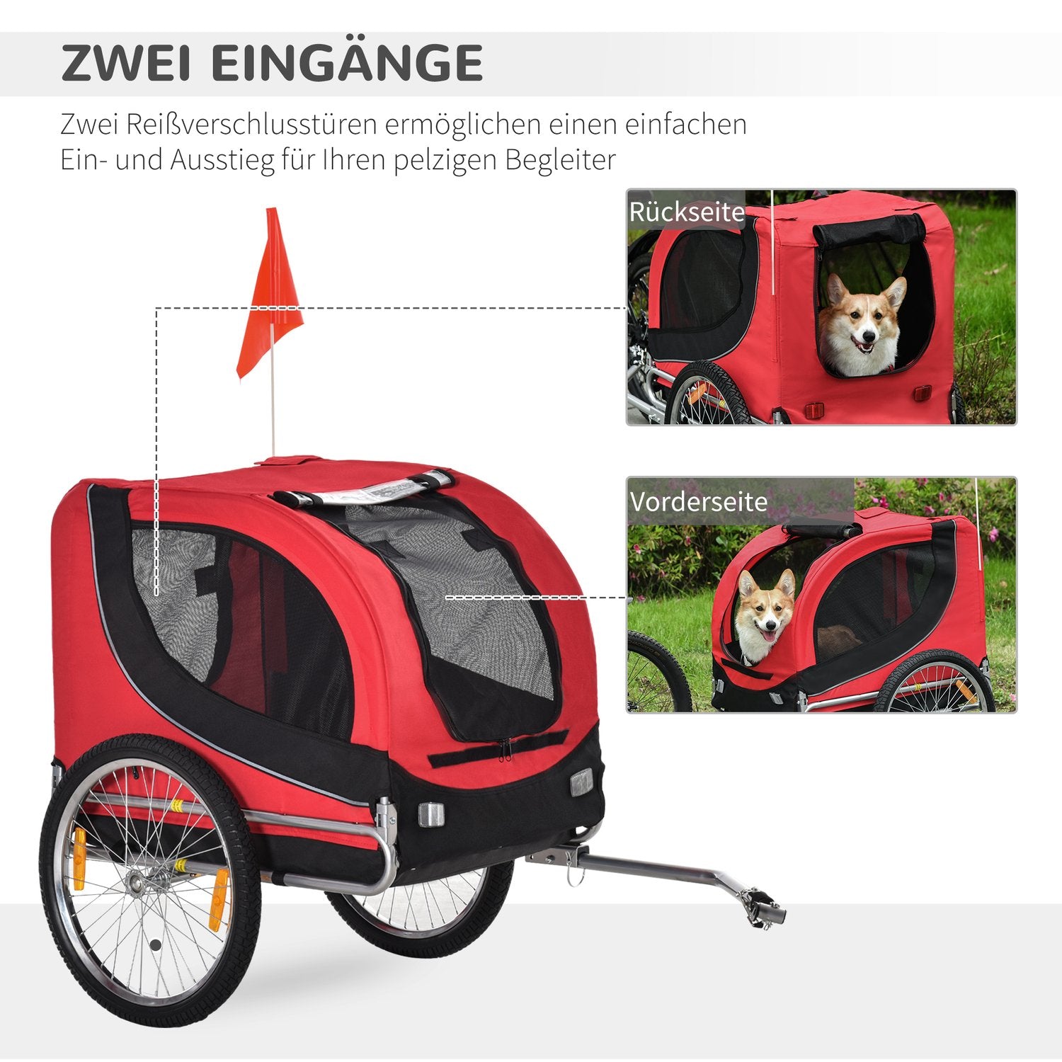 Hundcykelvagn – Röd/Svart, 130 x 73 x 90 cm