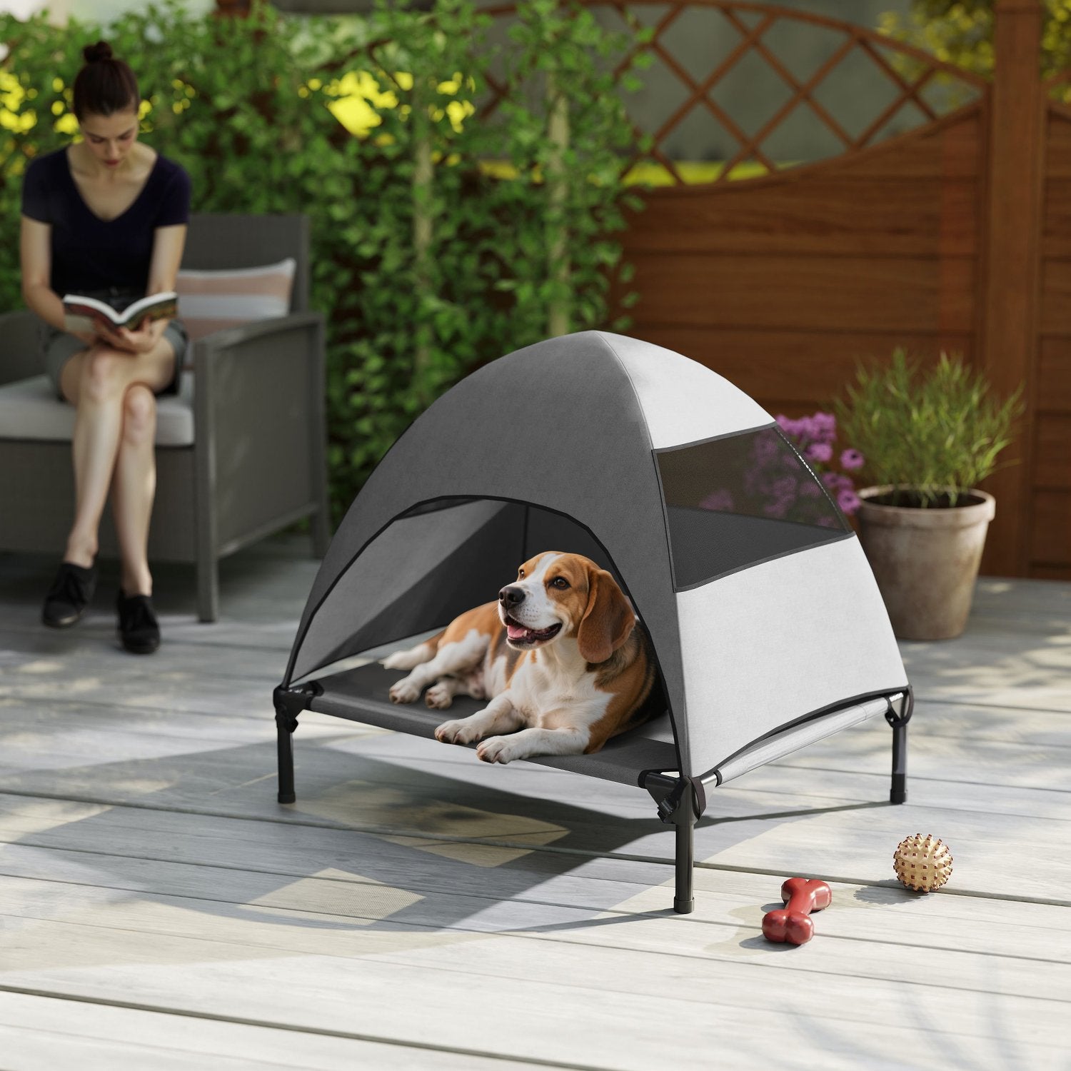 Hundstol utomhus med tak, tvättbart nät och kyldesign