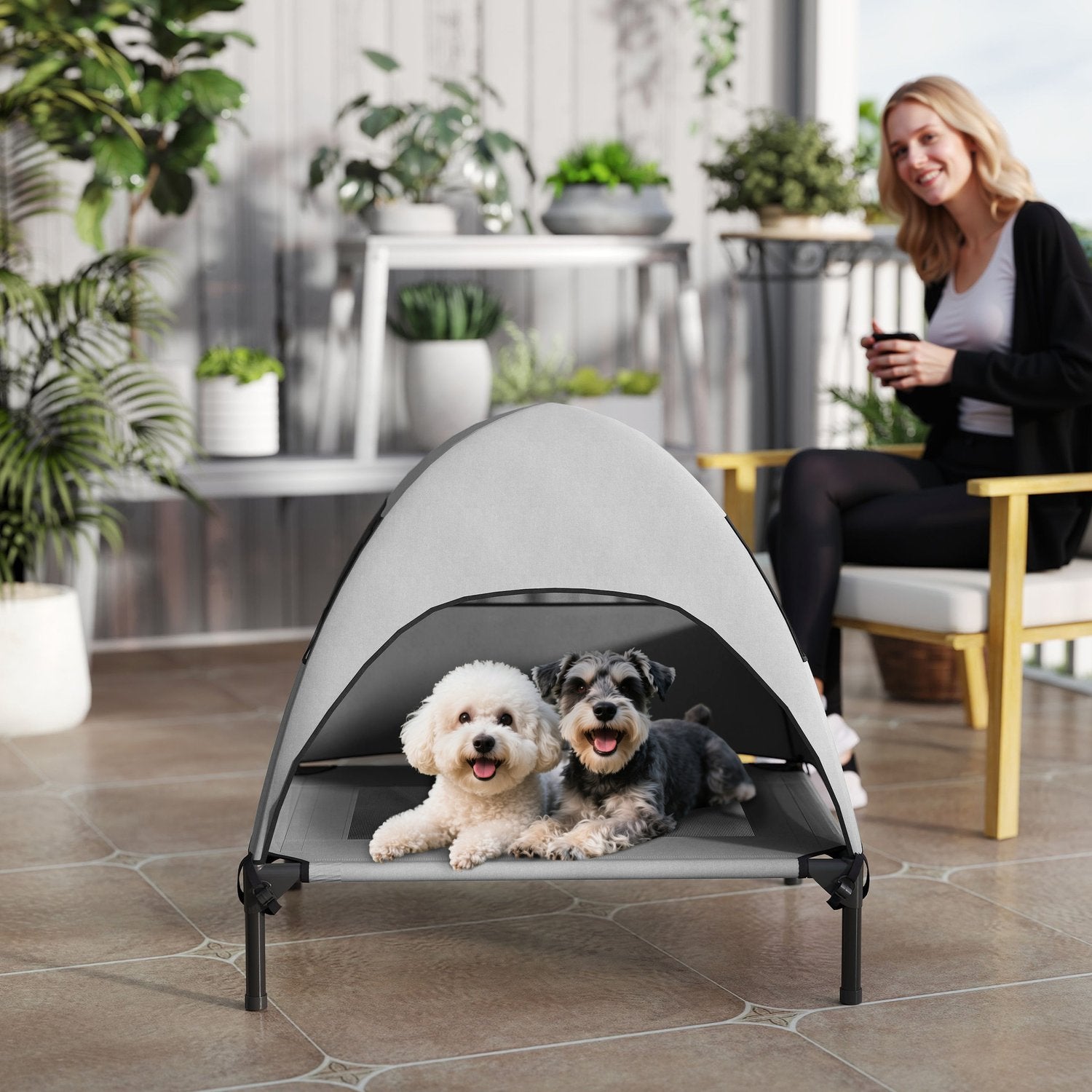 Hundstol utomhus med tak, tvättbart nät och kyldesign