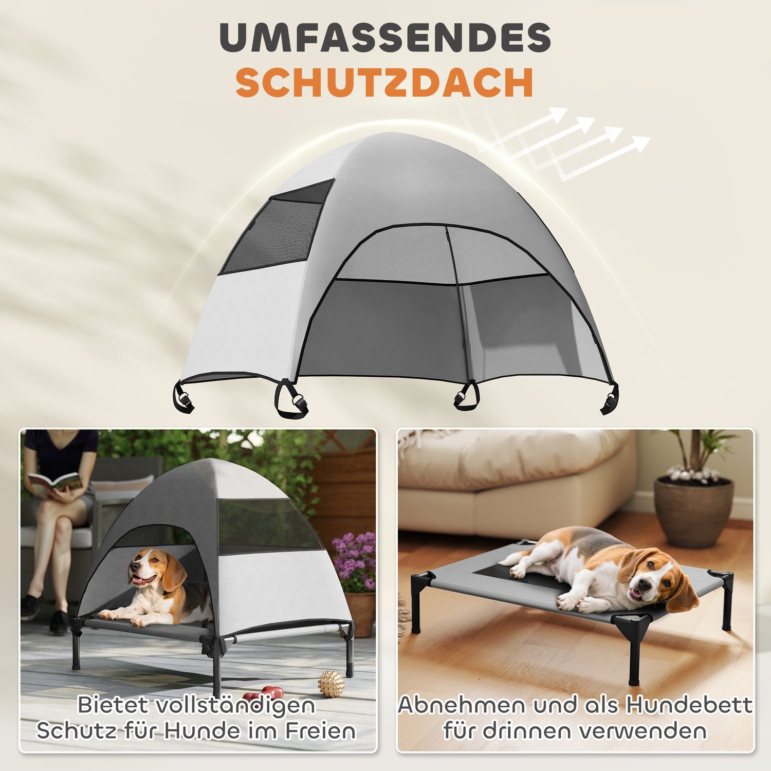Hundstol utomhus med tak, tvättbart nät och kyldesign