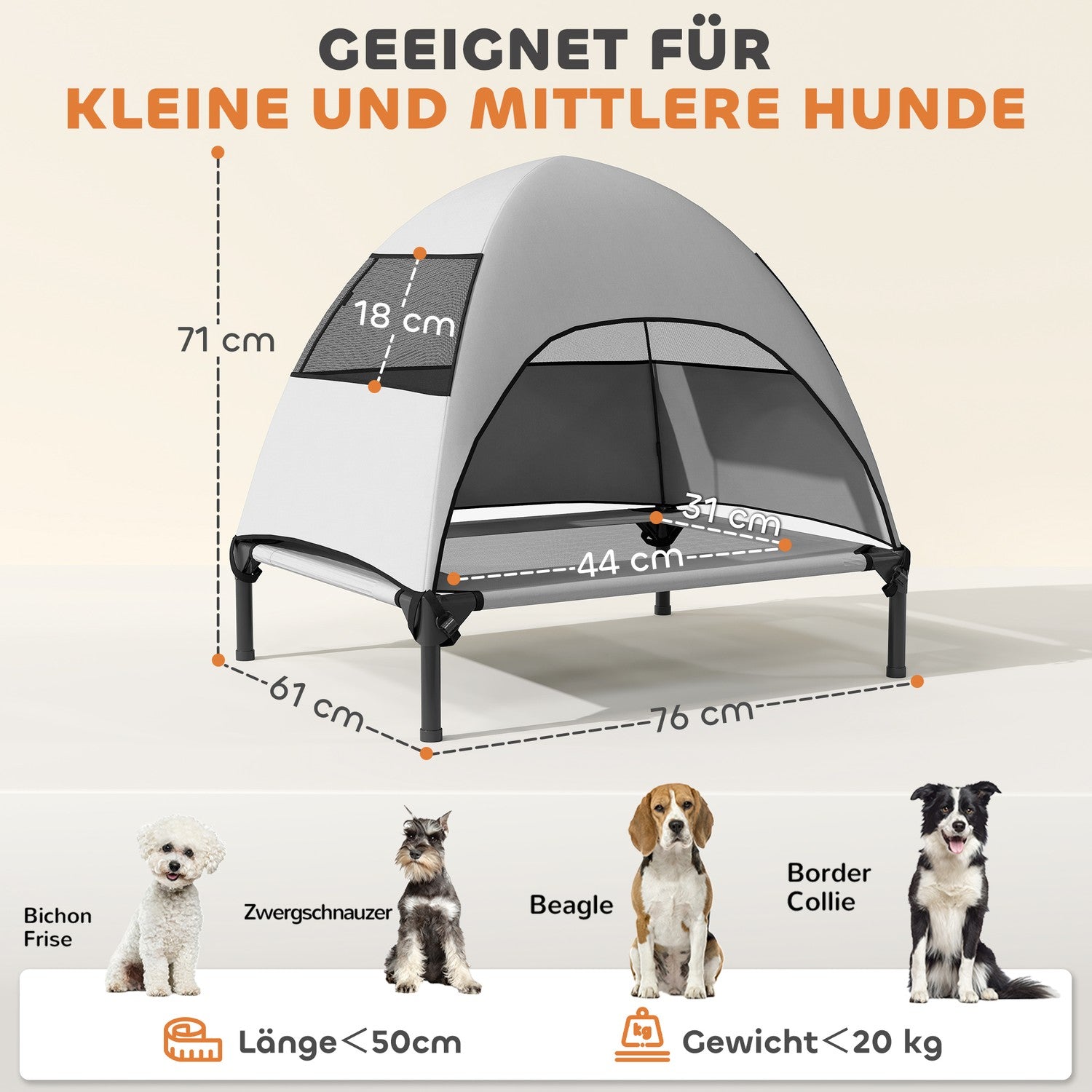 Hundstol utomhus med tak, tvättbart nät och kyldesign