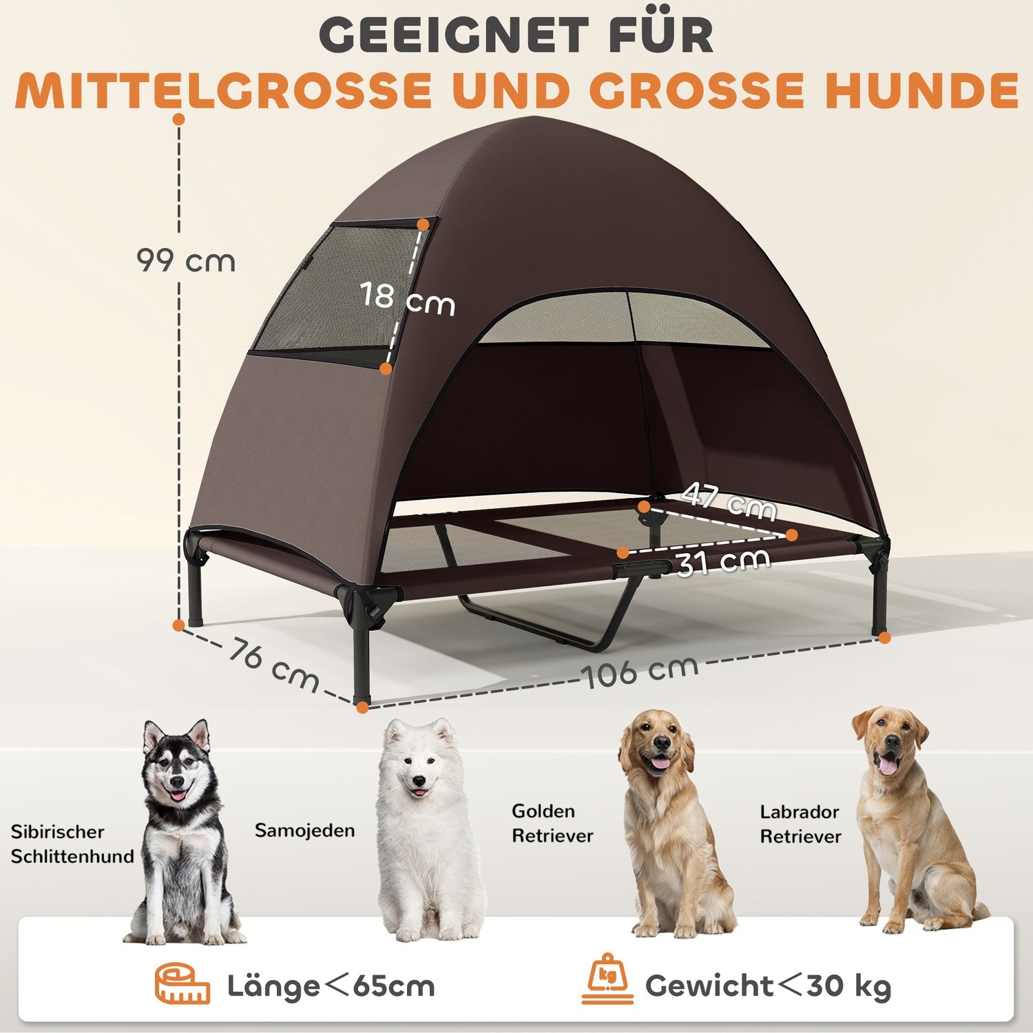 Förhöjd hundstol utomhus med tak och kylnät