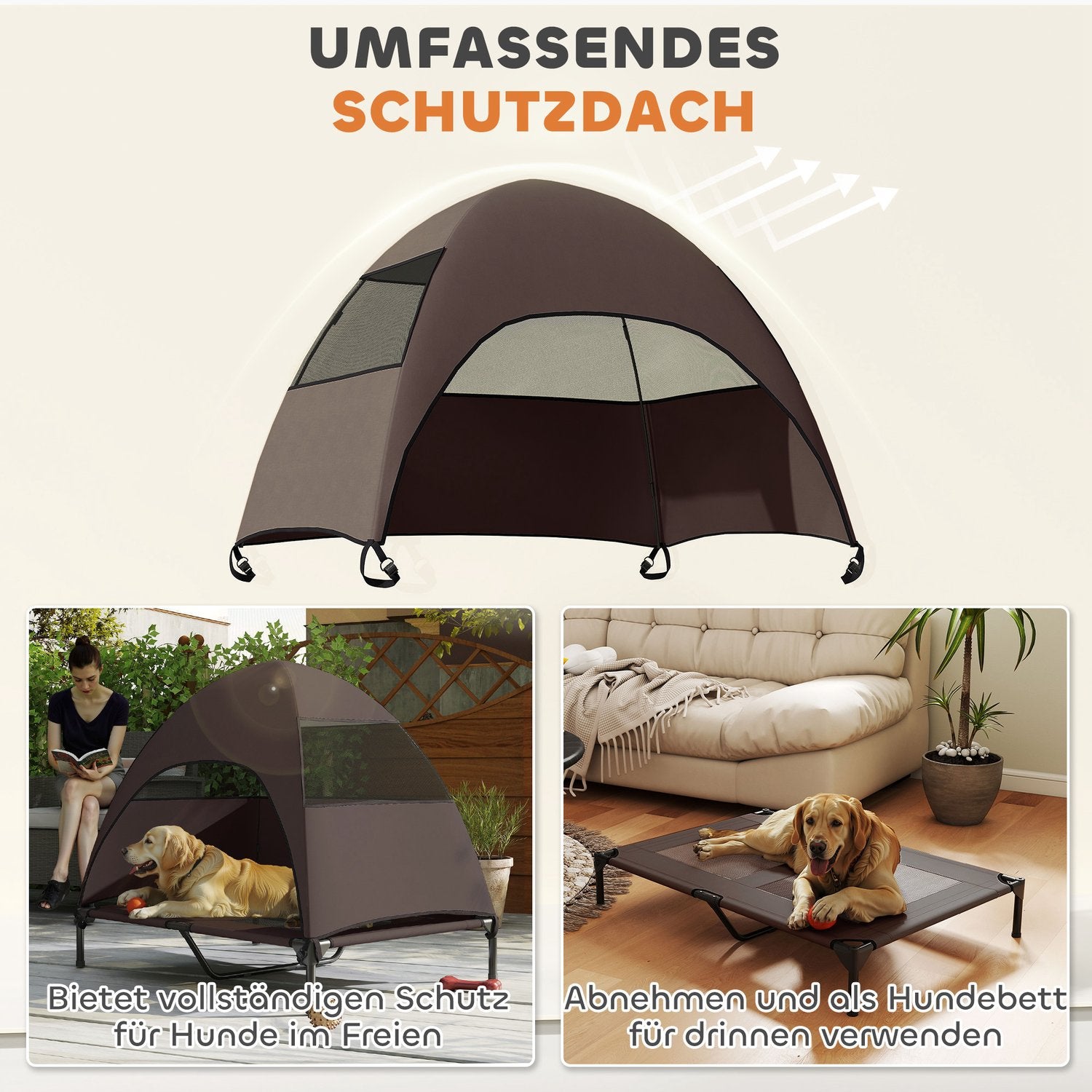 Förhöjd hundstol utomhus med tak och kylnät