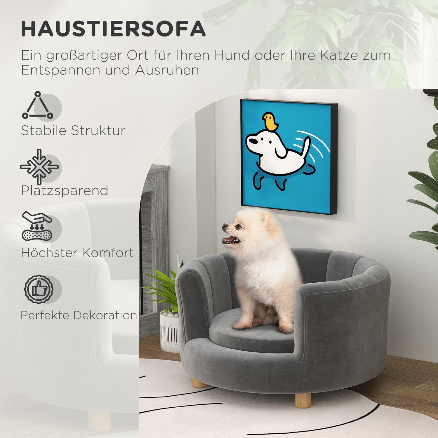 Tvättbar grå hundsoffa med ryggstöd och träben
