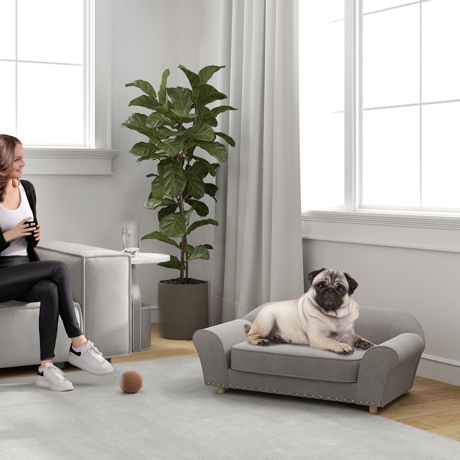 Liten bäddsoffa för hund, tvättbar kudde, dubb, grå