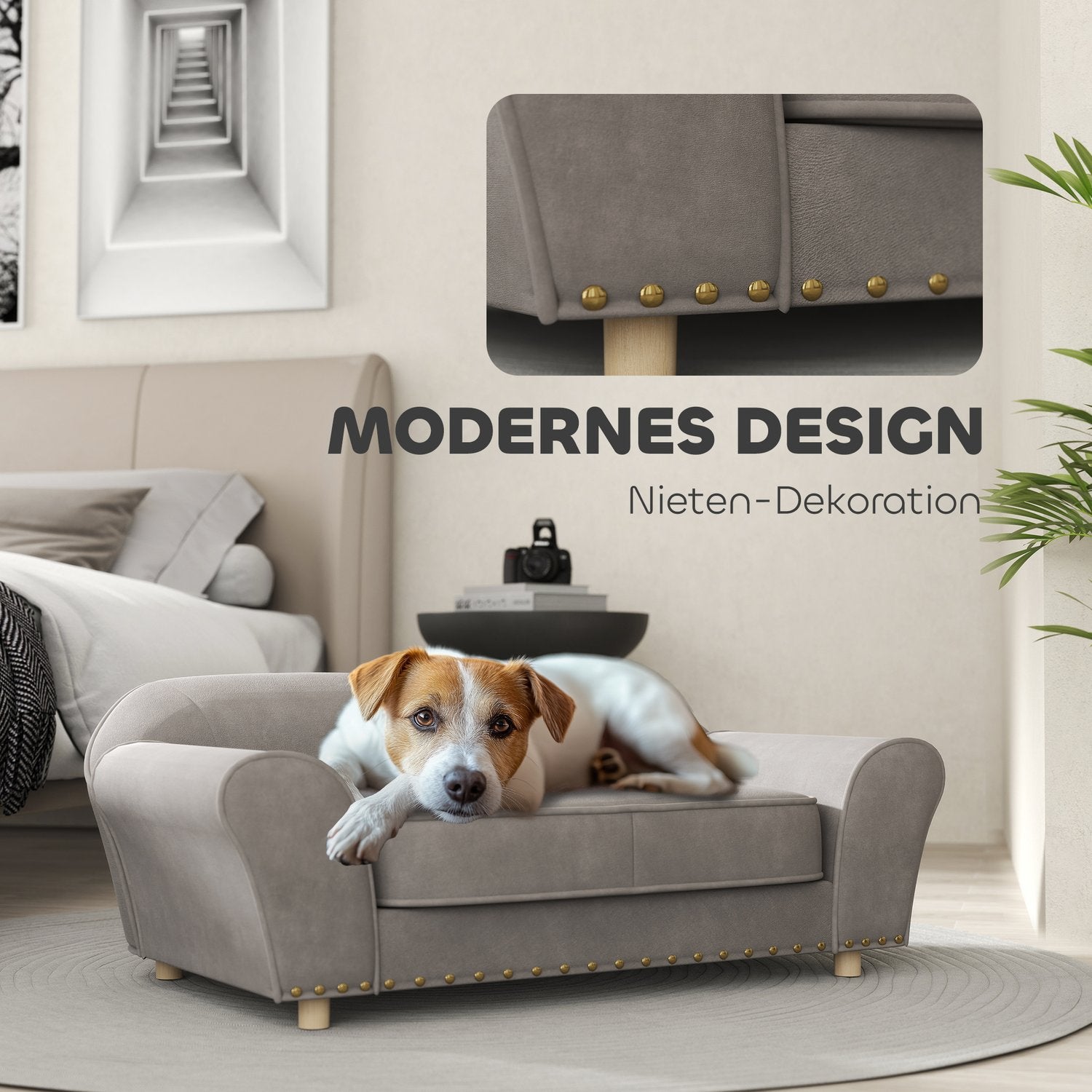 Liten bäddsoffa för hund, tvättbar kudde, dubb, grå
