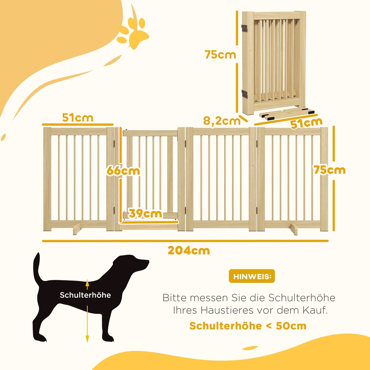 Hopfällbar hundgrind i trä, 204x75 cm, fristående säkerhetsbarriär