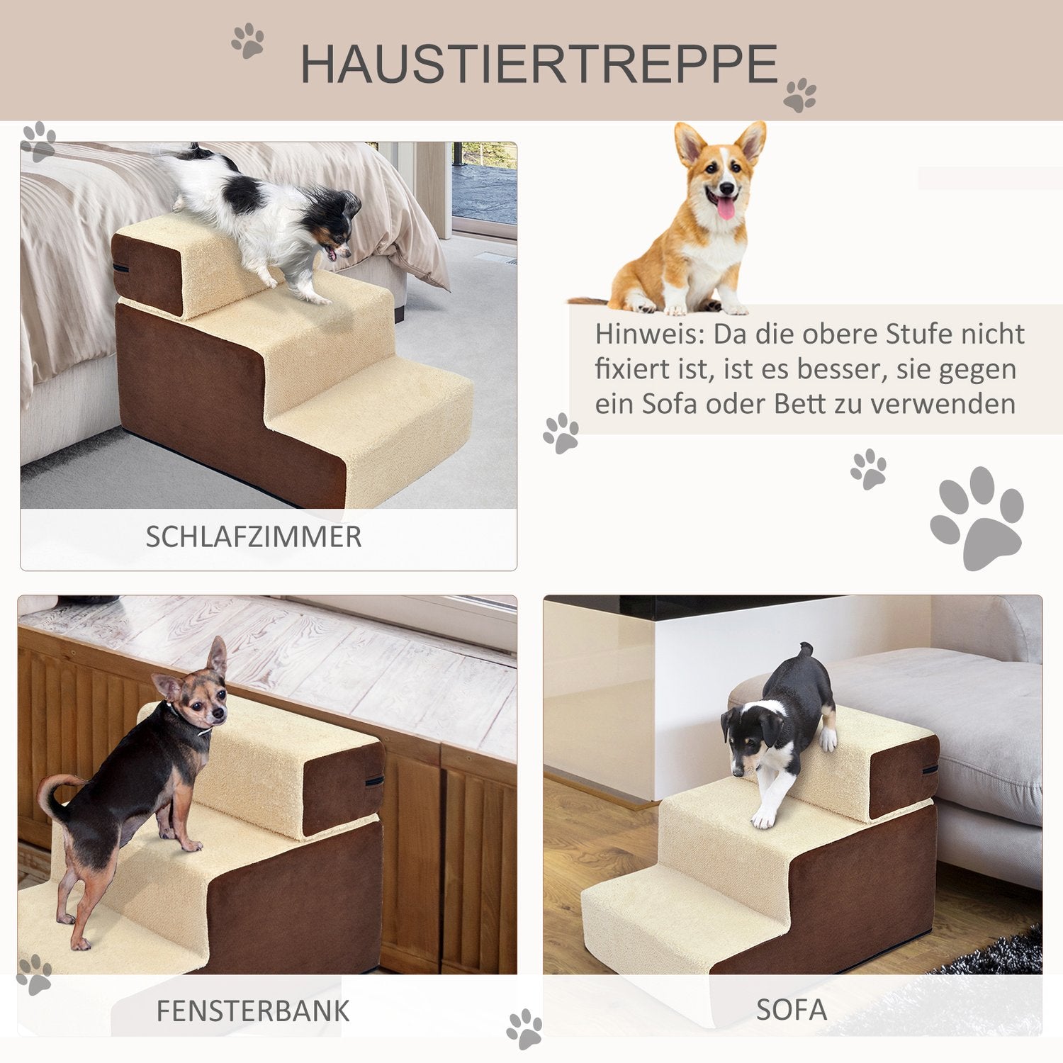 Husdjurstrappa, 3-stegs plyschbeige, 54x40x39 cm