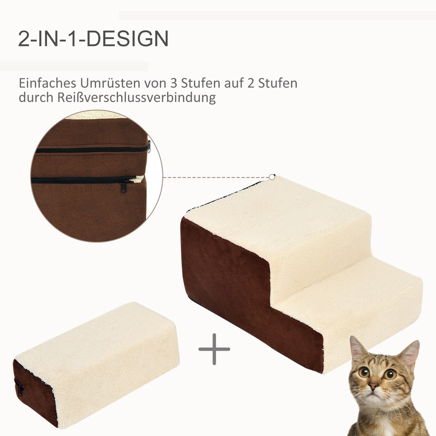 Husdjurstrappa, 3-stegs plyschbeige, 54x40x39 cm