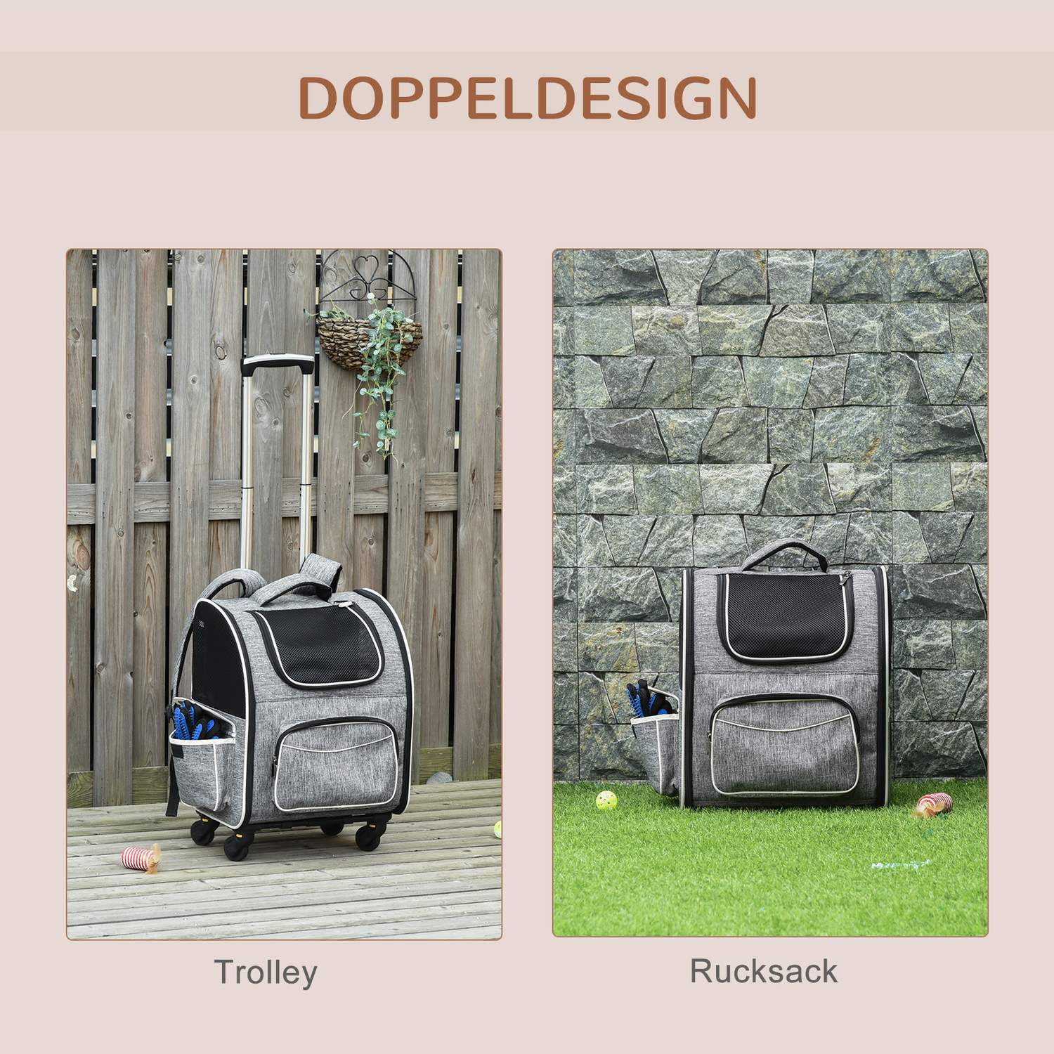 Pet Carrier Ryggsäck & Trolley – Grå, 43x33x51,5 cm