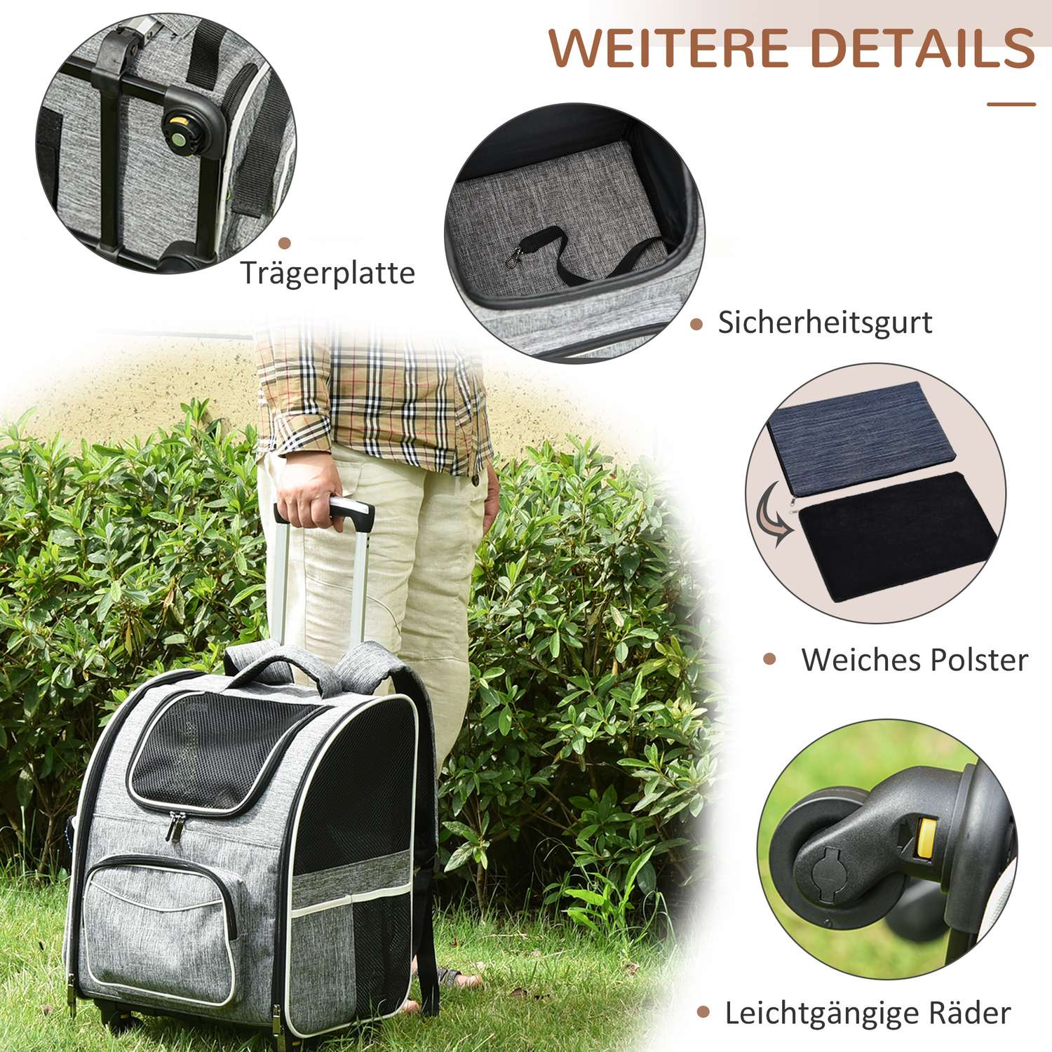 Pet Carrier Ryggsäck & Trolley – Grå, 43x33x51,5 cm