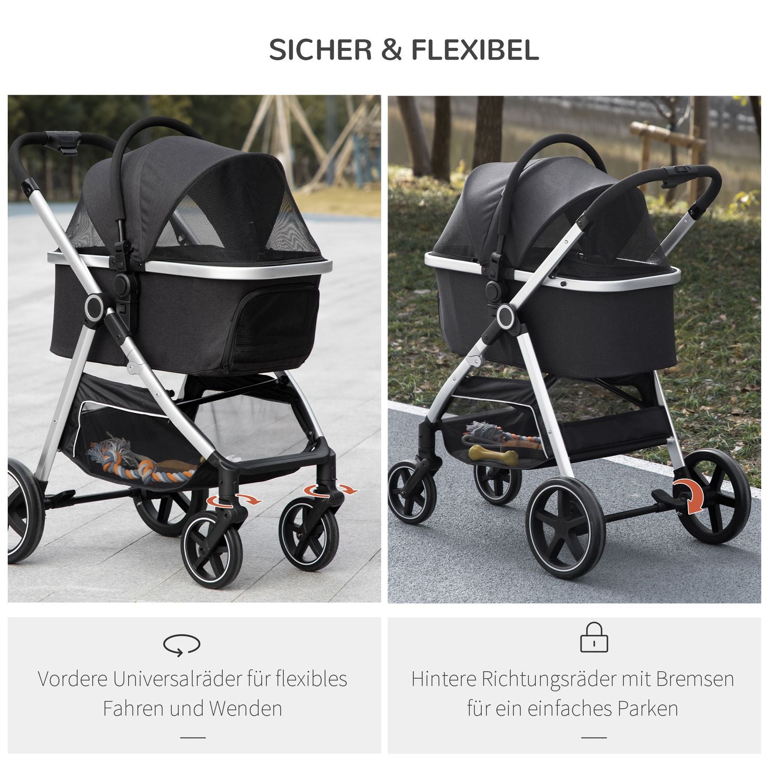 Hopfällbar hund- och kattvagn – 3-i-1 med kudde, bromsar