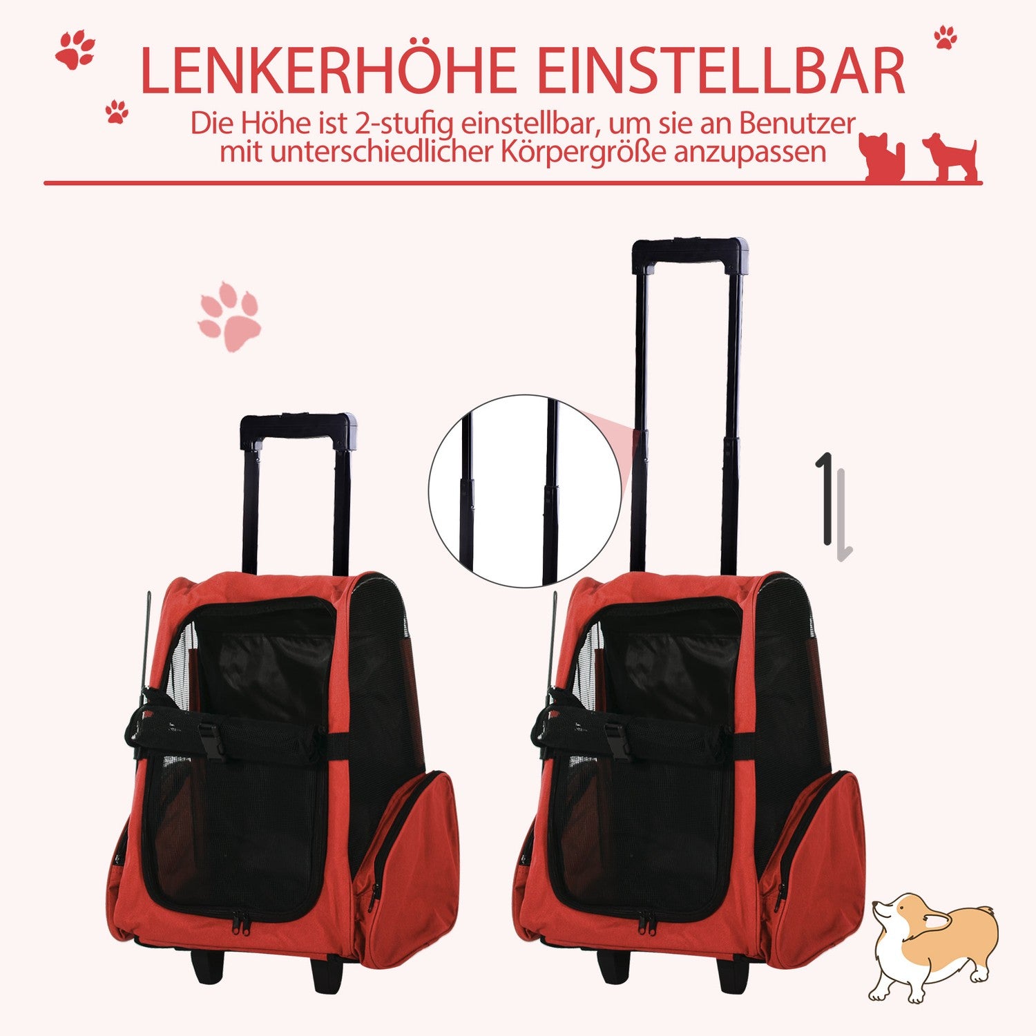 Pet Carrier Trolley Bag, Andas, Röd, 42x25x55 cm