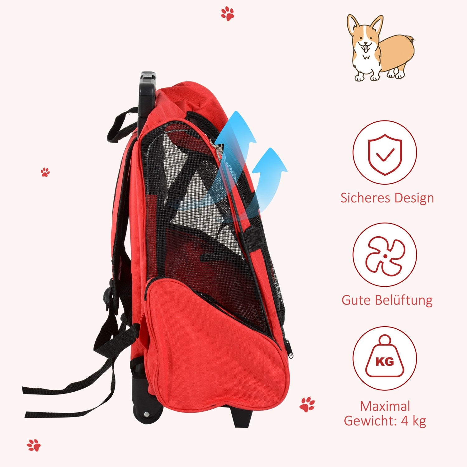Pet Carrier Trolley Bag, Andas, Röd, 42x25x55 cm