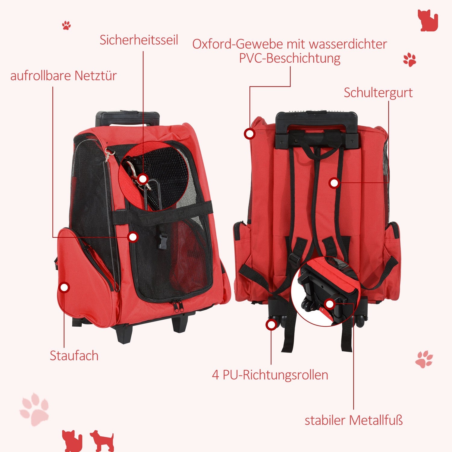 Pet Carrier Trolley Bag, Andas, Röd, 42x25x55 cm