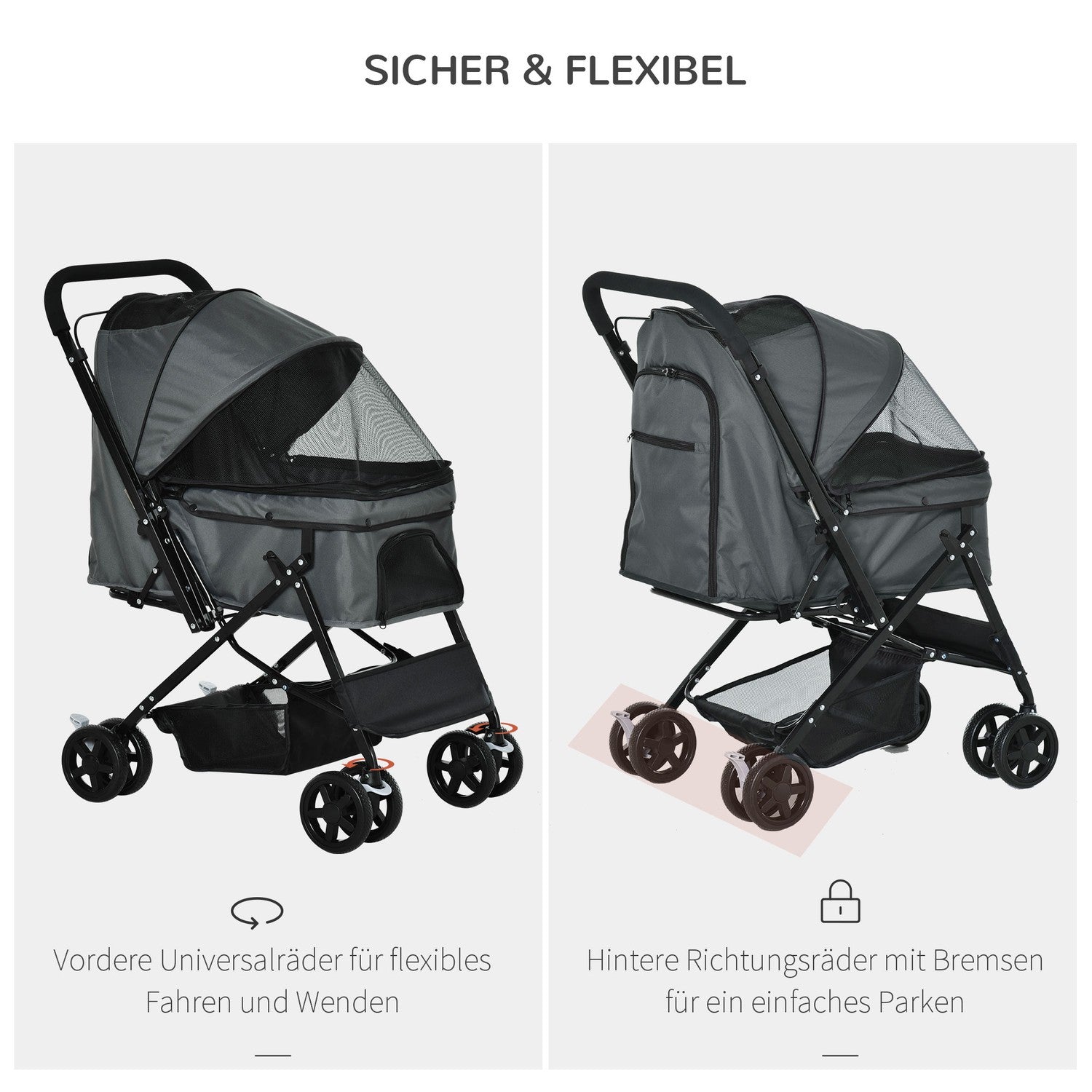 Hundvagn, Buggy för små husdjur, mörkgrå Oxford 76,5 cm
