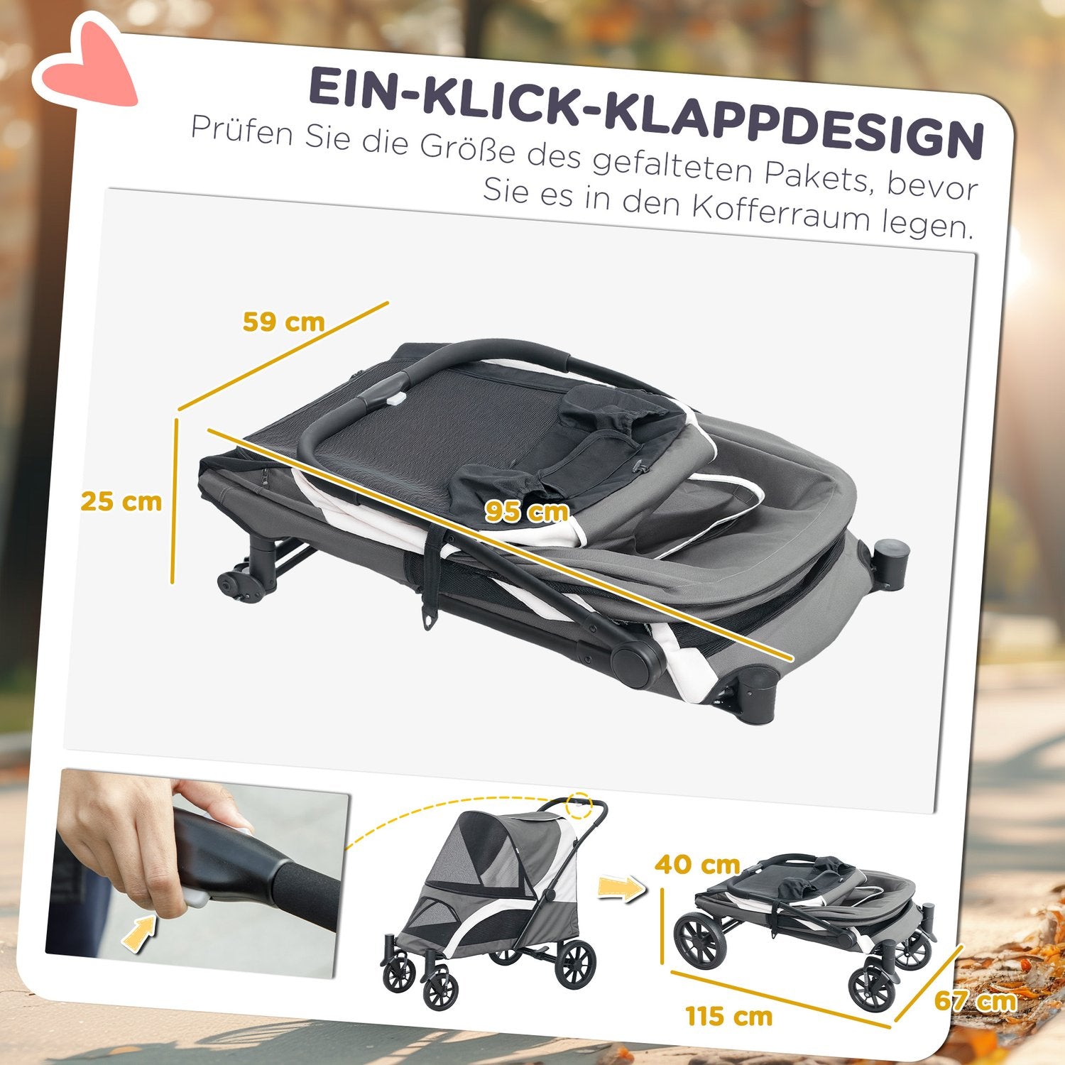 Hopfällbar husdjursvagn för stora hundar och katter upp till 30 kg