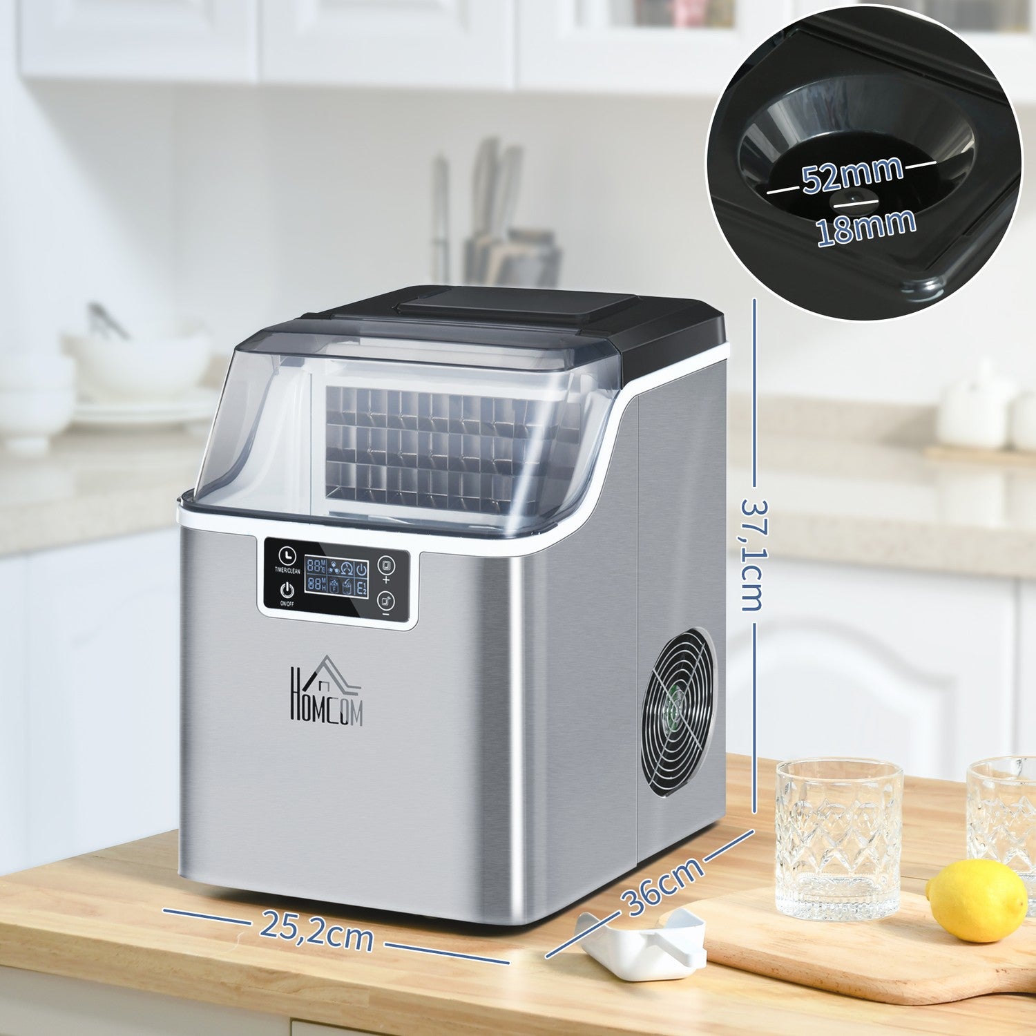Ice Cube Maker, 20 Kg/24H, självrengörande rostfritt stål