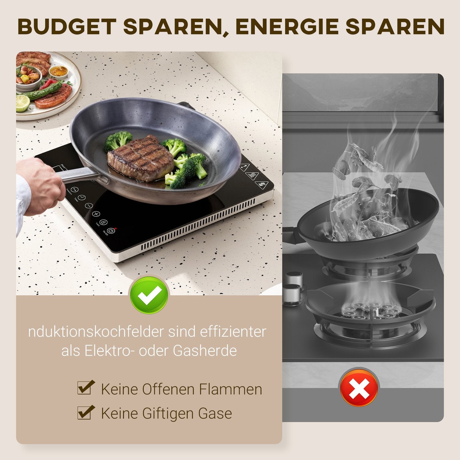 Bärbar enkel induktionshäll, 2000W, 10 effektnivåer, svart