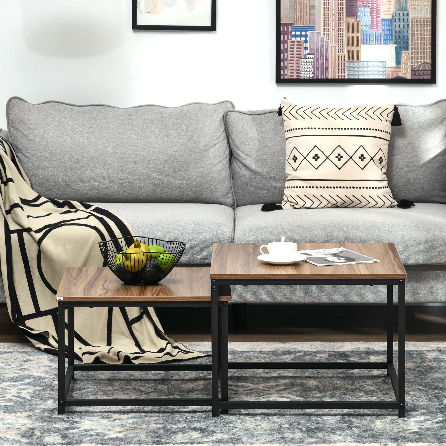 Industrial Wood Look Soffbordsset, stålstomme, set om 2