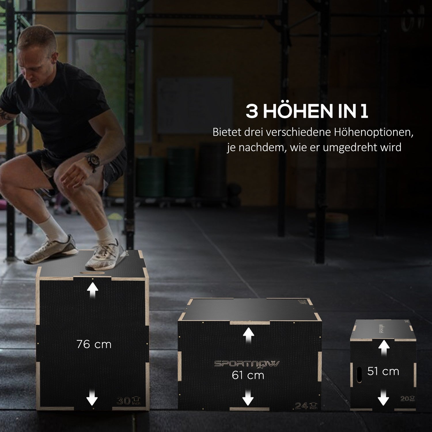 Plyometrisk Jump Box – 3 i 1 träplattform med handtag