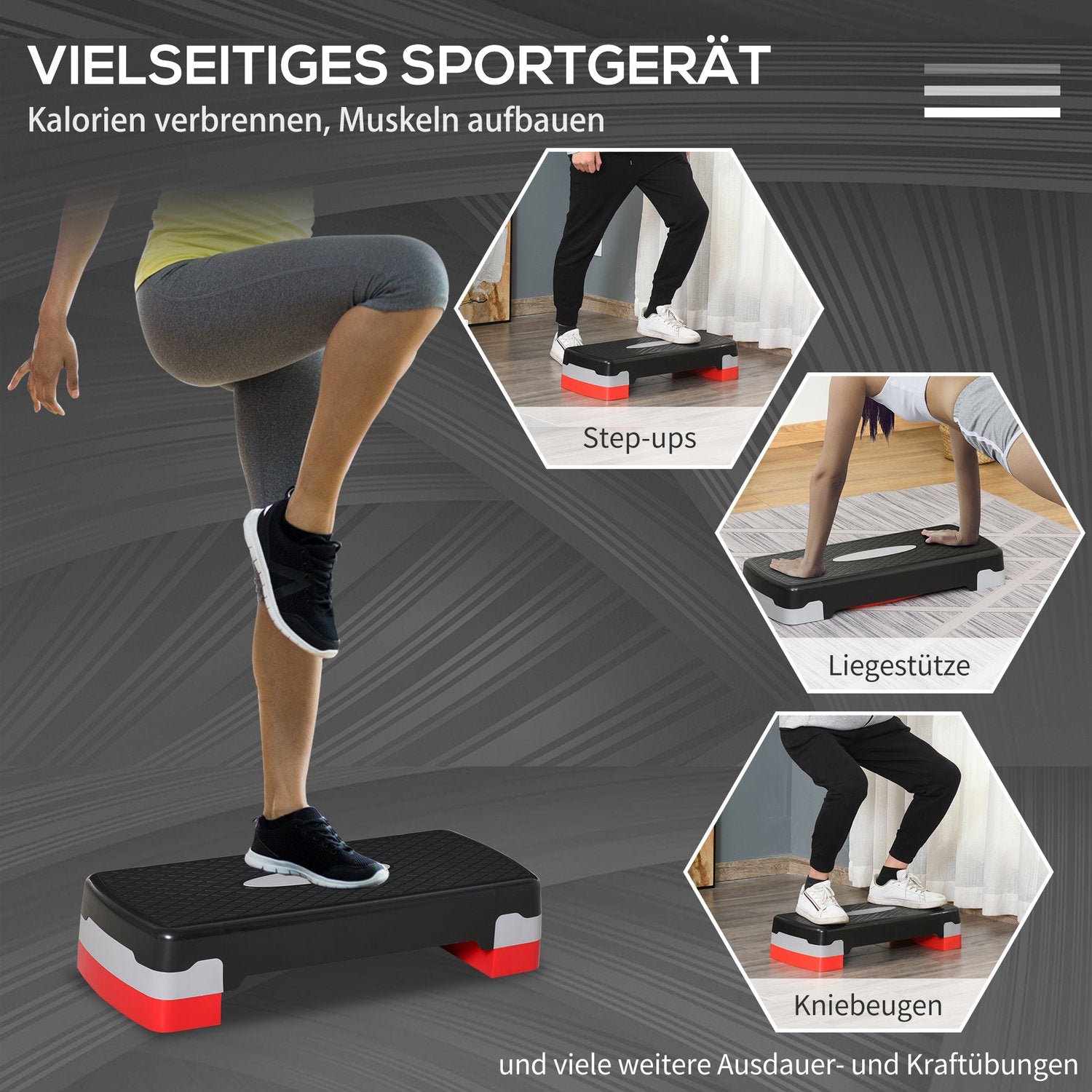 Justerbar Aerobic Stepper – 2 nivåer, 10/20 cm, svart/grå/röd