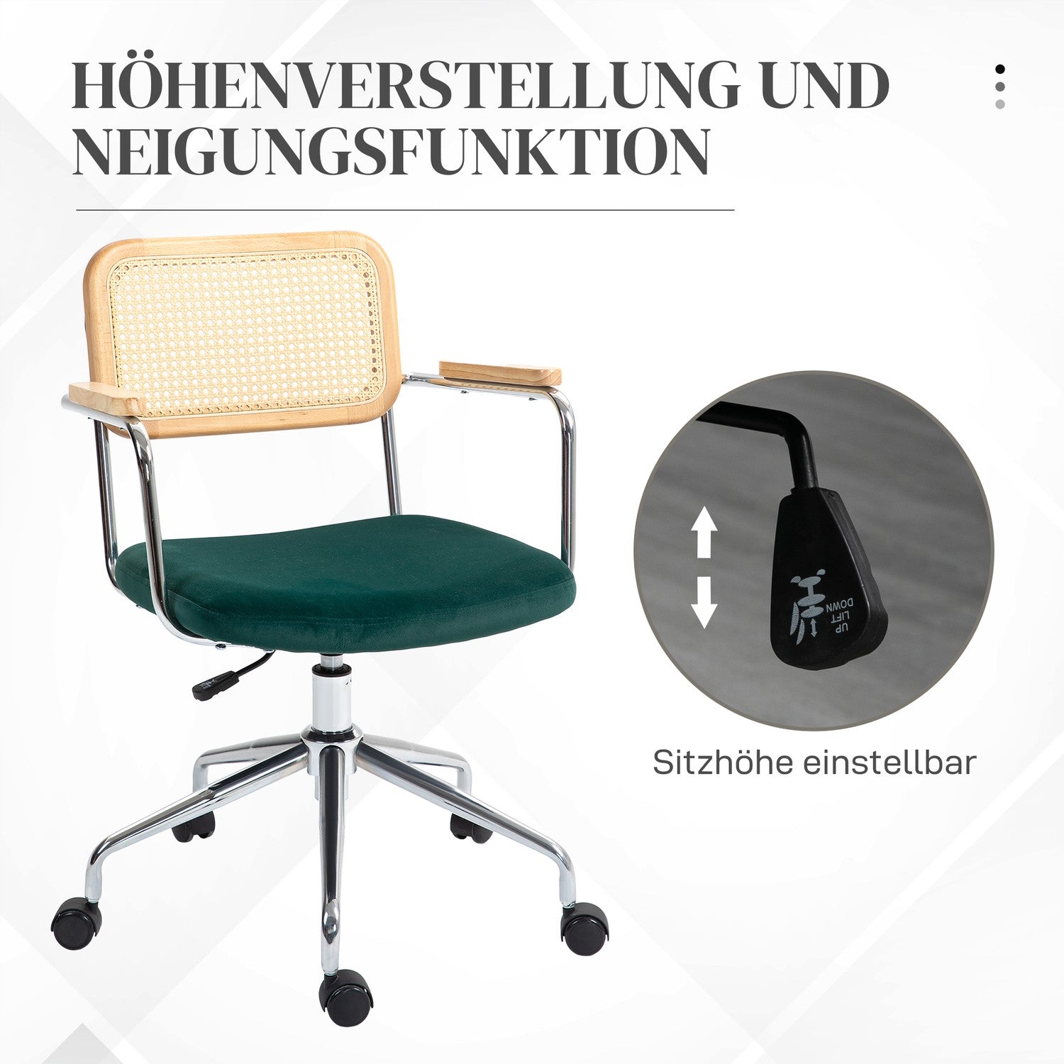 Justerbar Boho kontorsstol med armstöd, grön vridbar