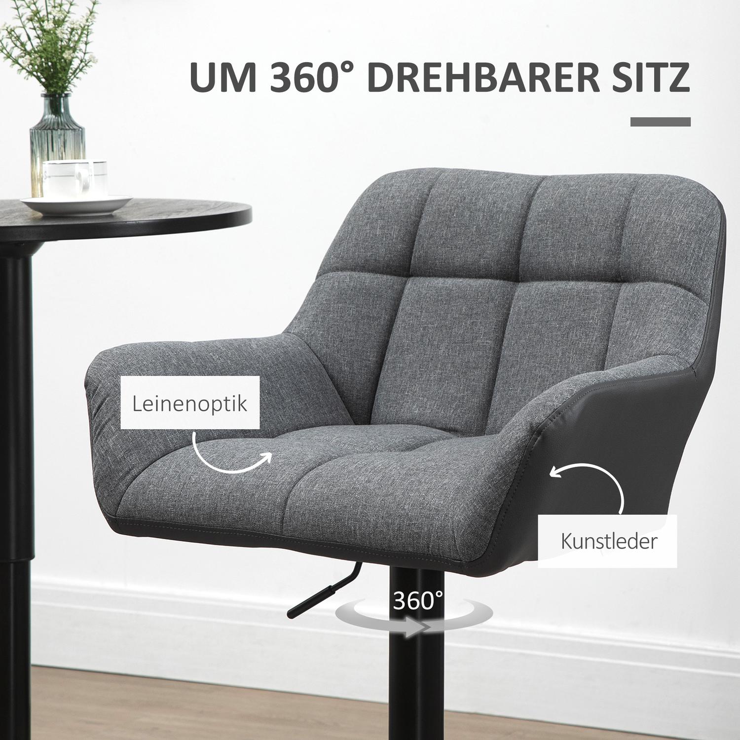 Justerbara grå barstolar Set med 2, 360° vridbar, linnelook