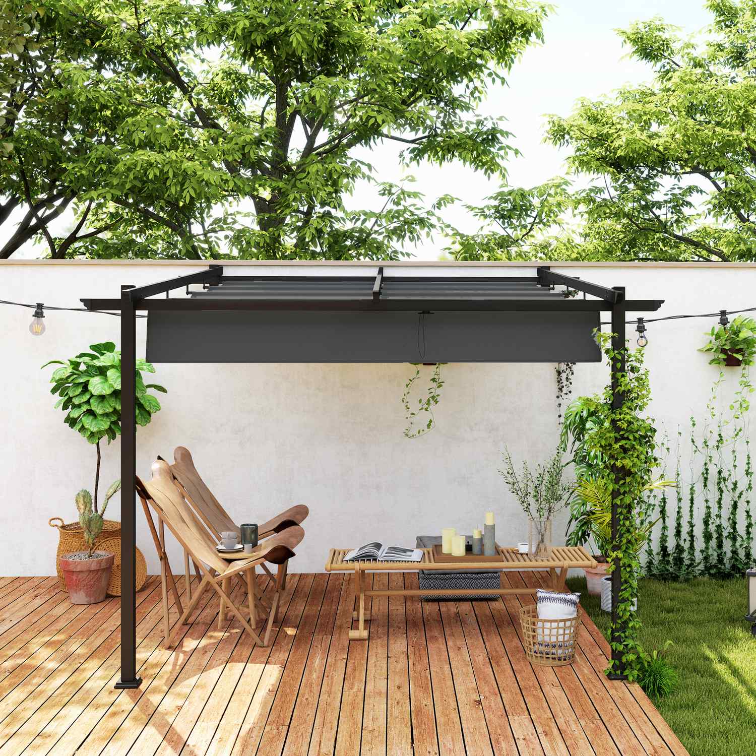 Justerbar aluminiumpergola, 3x3m, mörkgrå solskydd