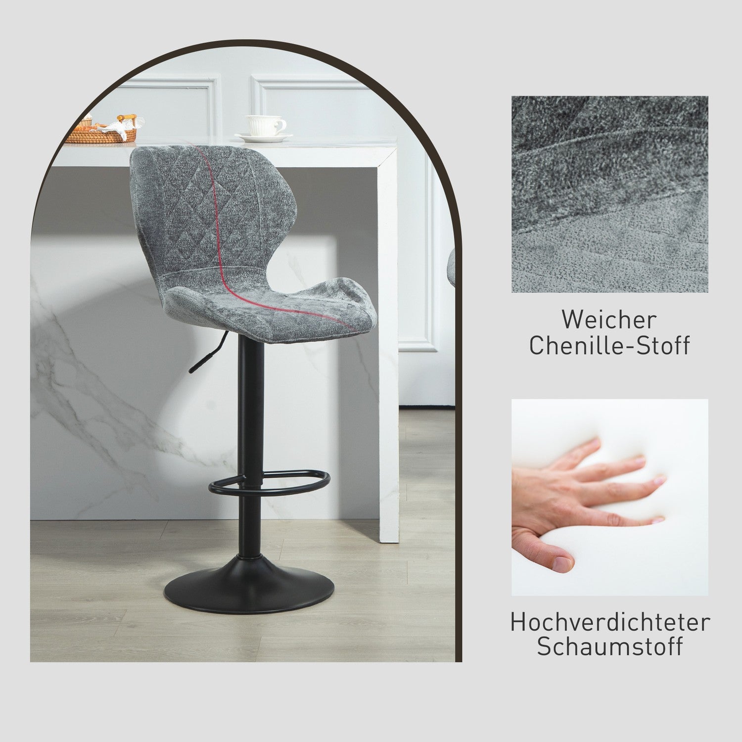 Justerbar barstol Set om 2 – stoppade grå snurrstolar