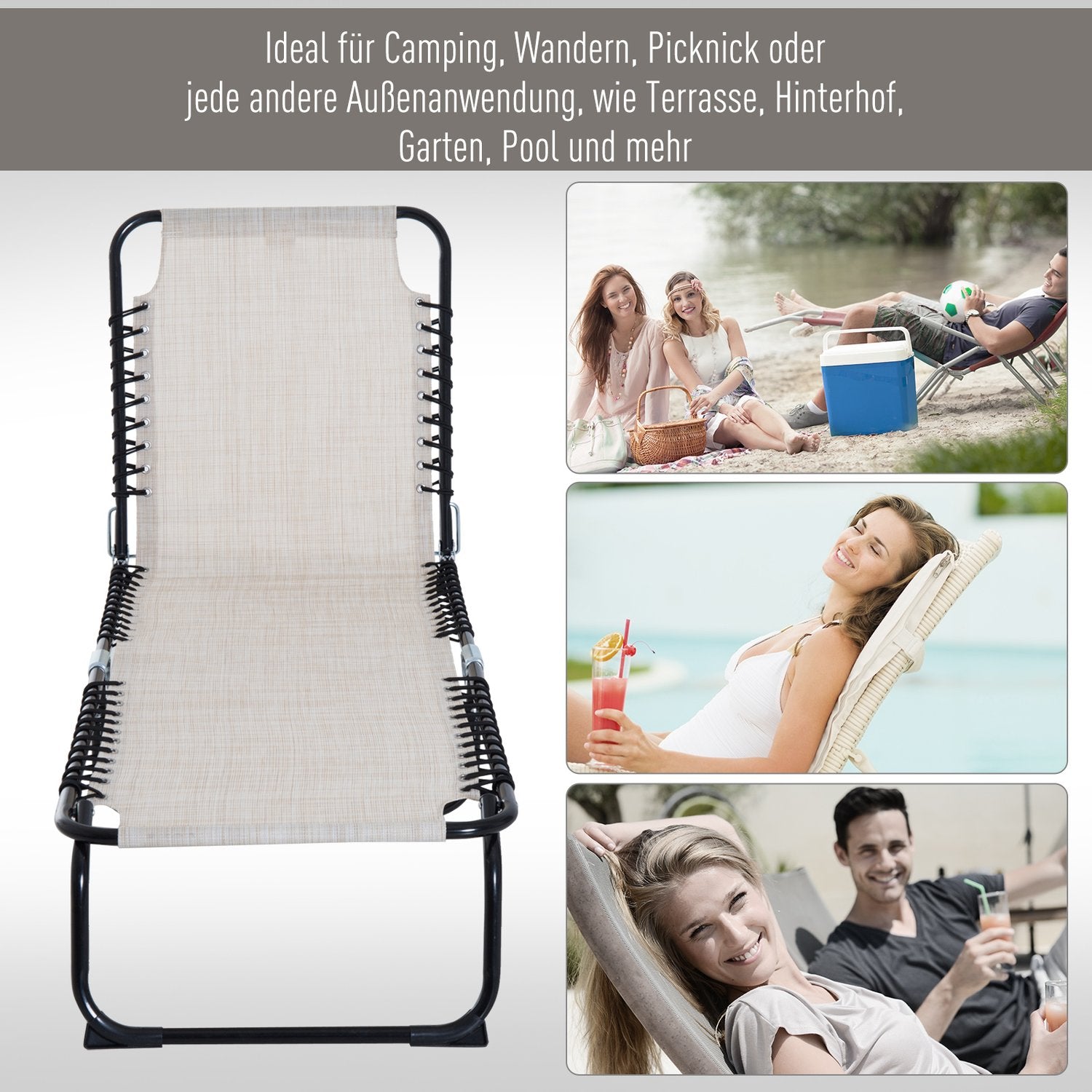 Justerbar beige solstol med 4-stegs ryggstöd