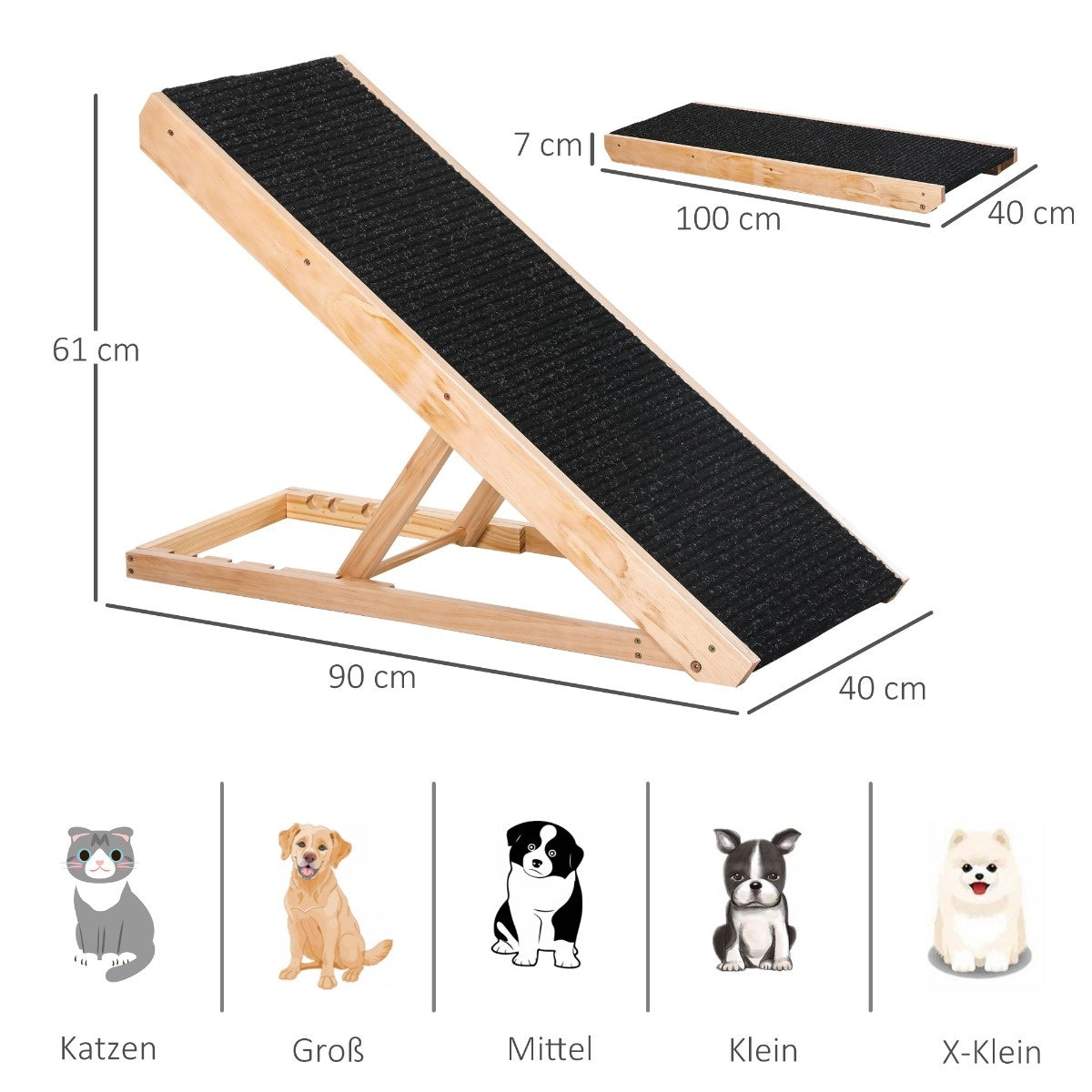 Justerbar hundramp med halkfri matta, furu, 90x40x61cm
