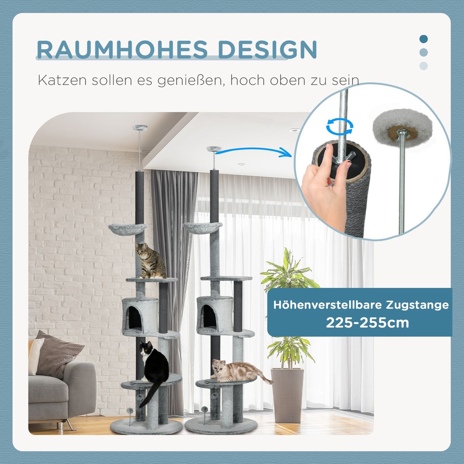 Justerbar kattskrapstolpe med grotta och lekboll