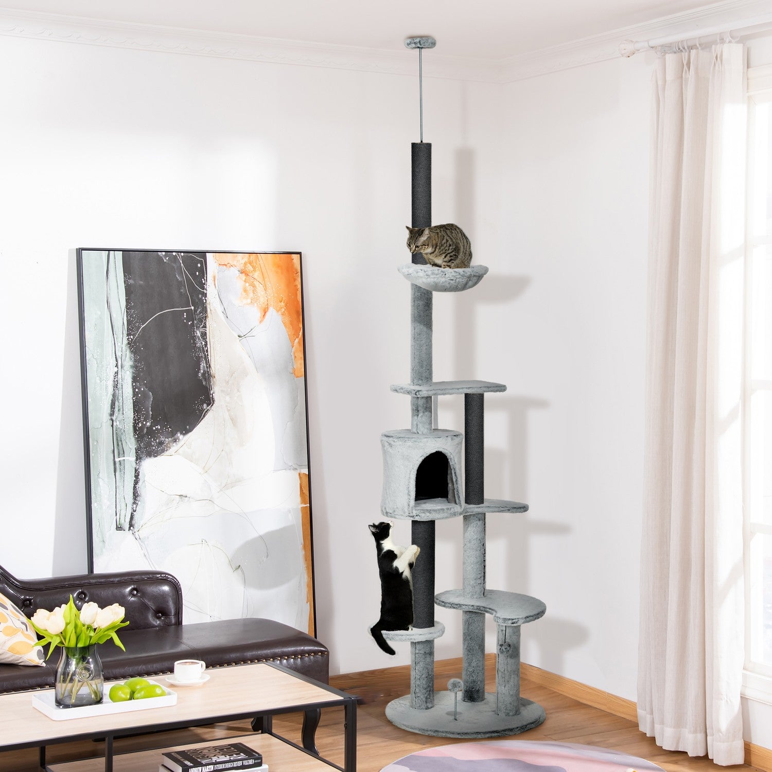 Justerbar kattskrapstolpe med grotta och lekboll