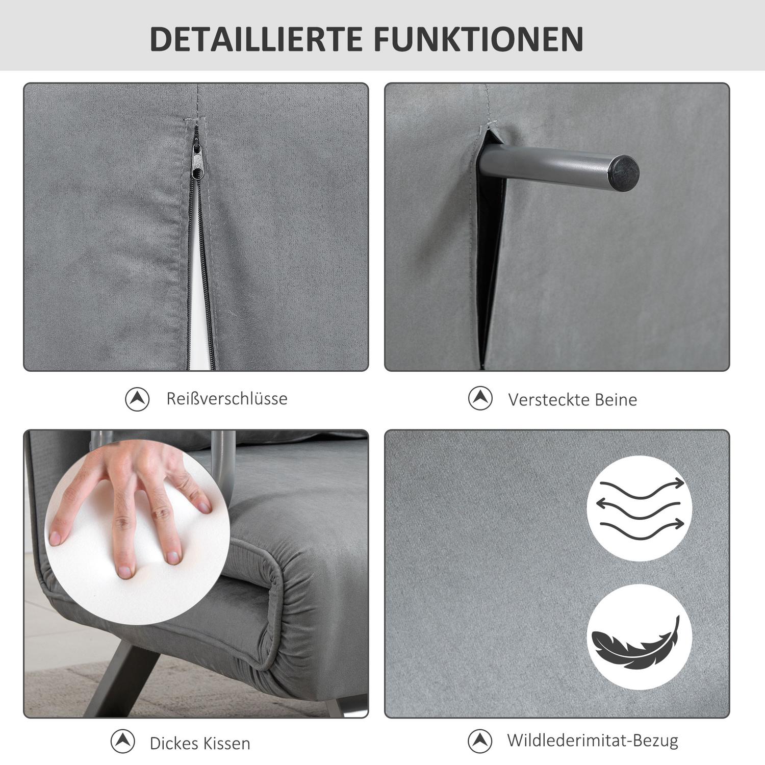 Justerbar ljusgrå tvåsits bäddsoffa med kuddar