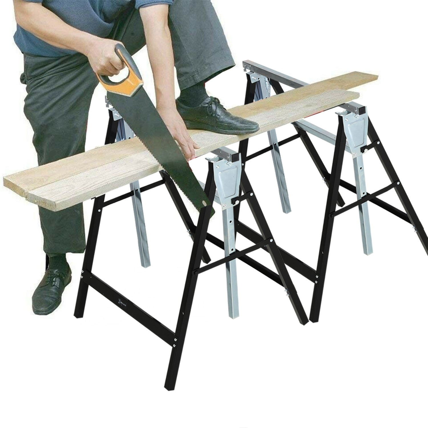 Justerbar svart metallsåg, hopfällbar, stödjer 200 kg