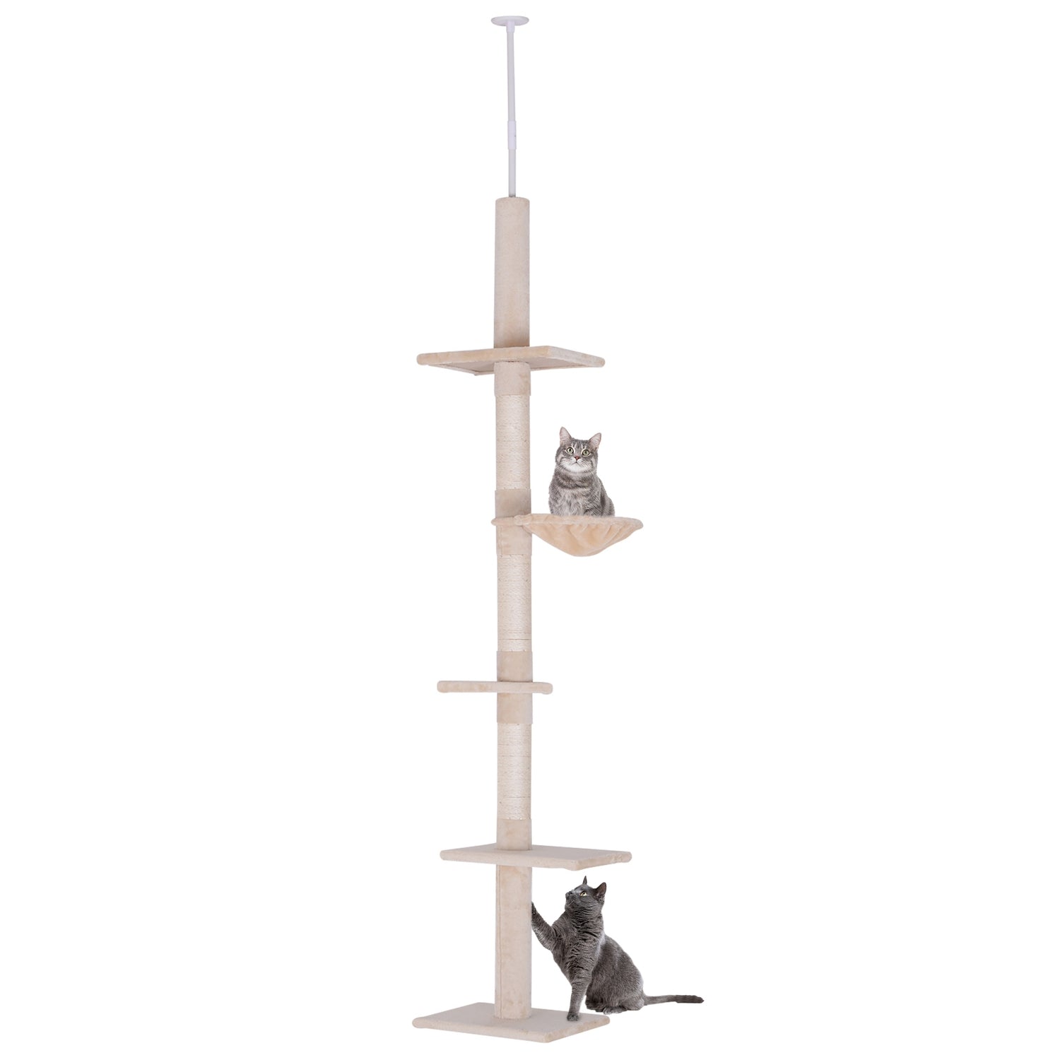 Justerbart beige katttorn med sisal för klättring, 230-260cm