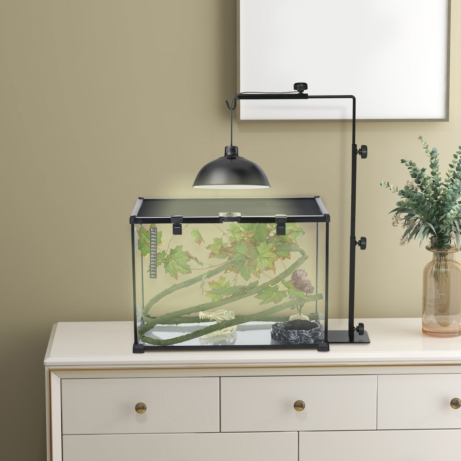 Justerbart reptilvärmelampsstativ, svart stål, 4 trådhål