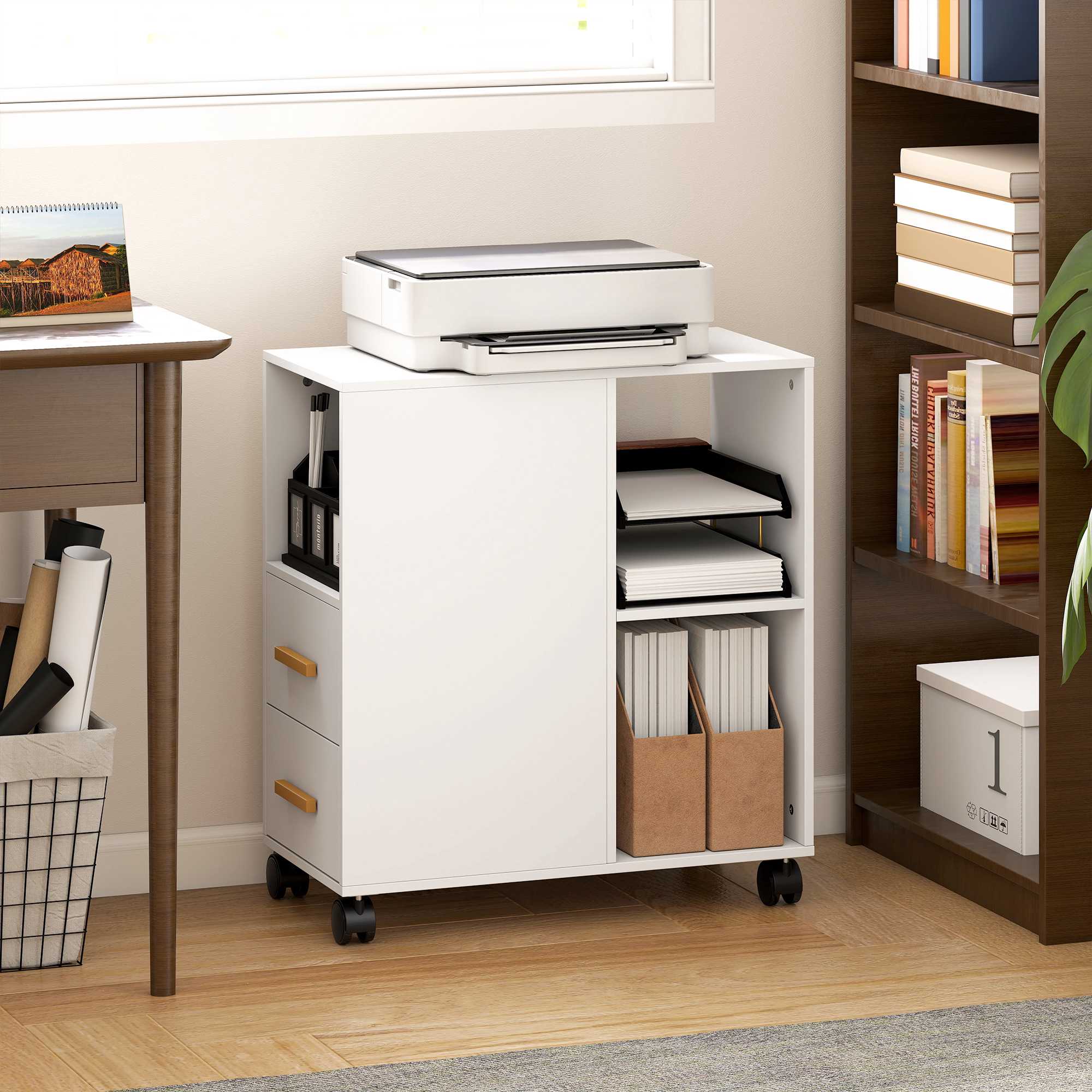 Justerbart skrivarstativ med hyllor, hjul, vit 60x30x65 cm