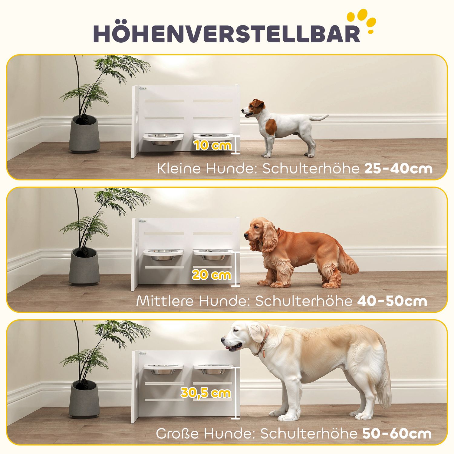 Justerbar upphöjd hundskål, 3 höjder och halkskyddsmatta