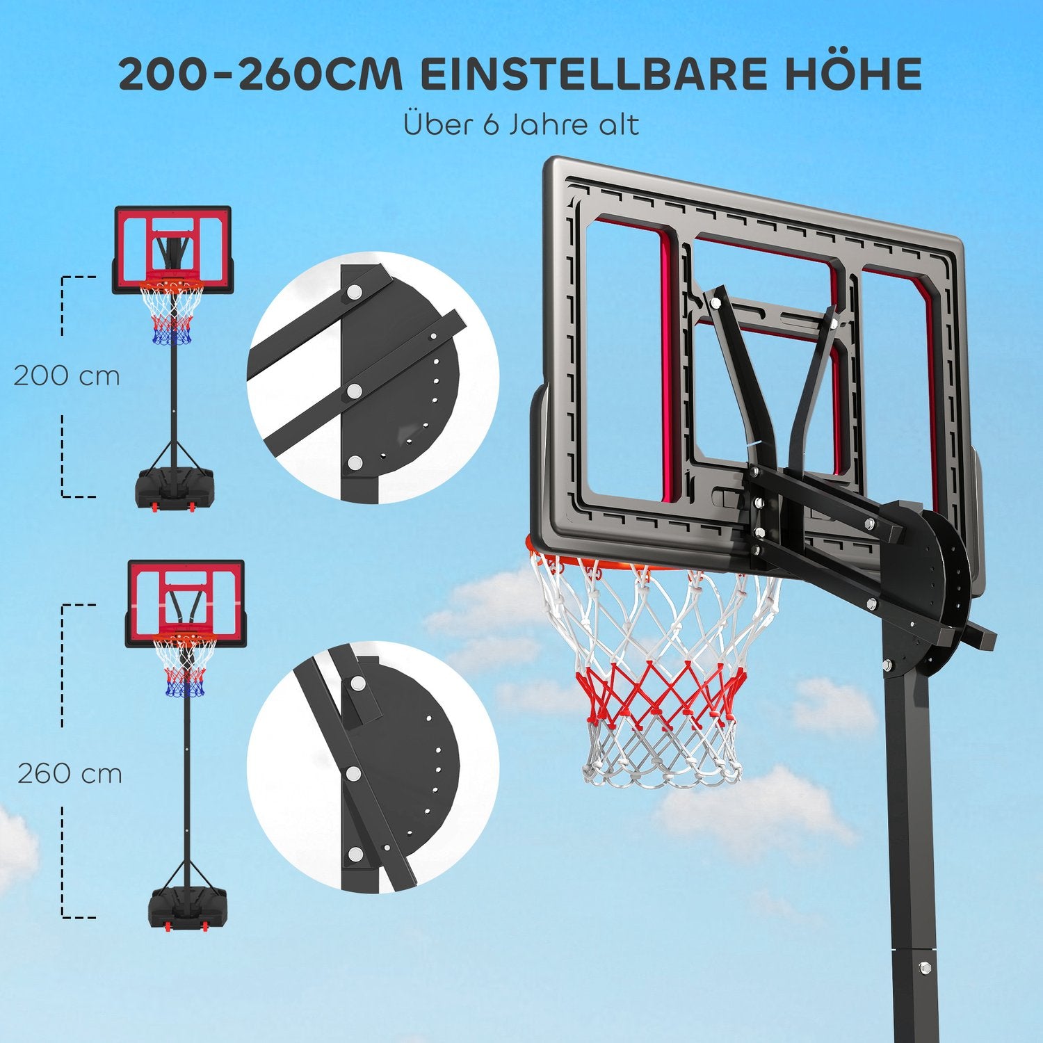 Justerbar utomhusbasketbåge för barn, 200-260 cm