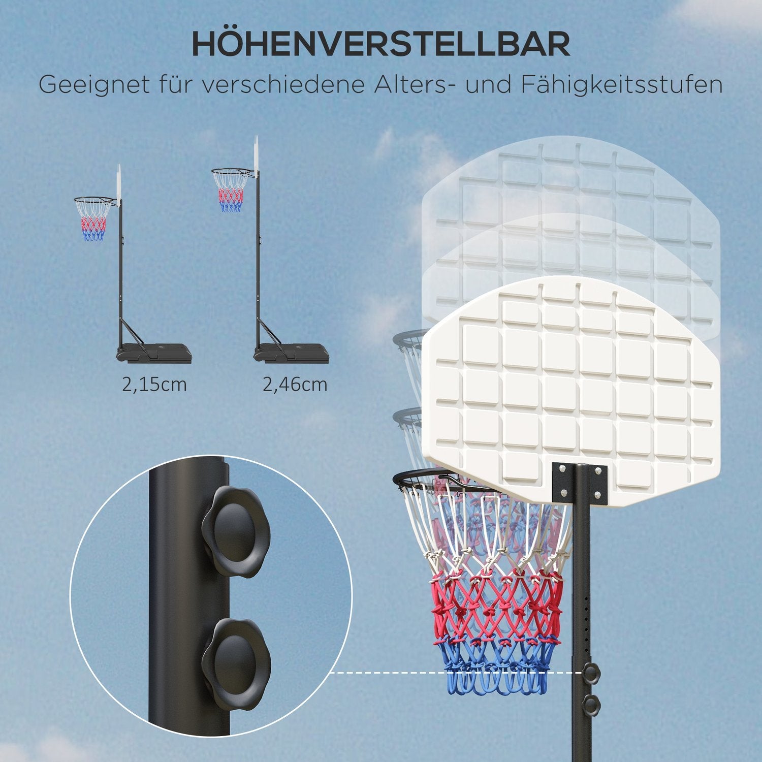 Justerbar utomhusbasketbåge med hjul – stål, flerfärgad